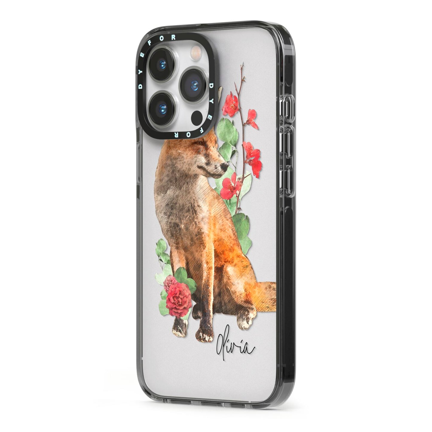 Personalised Fox Name iPhone 13 Pro Black Impact Case Side Angle on Silver phone