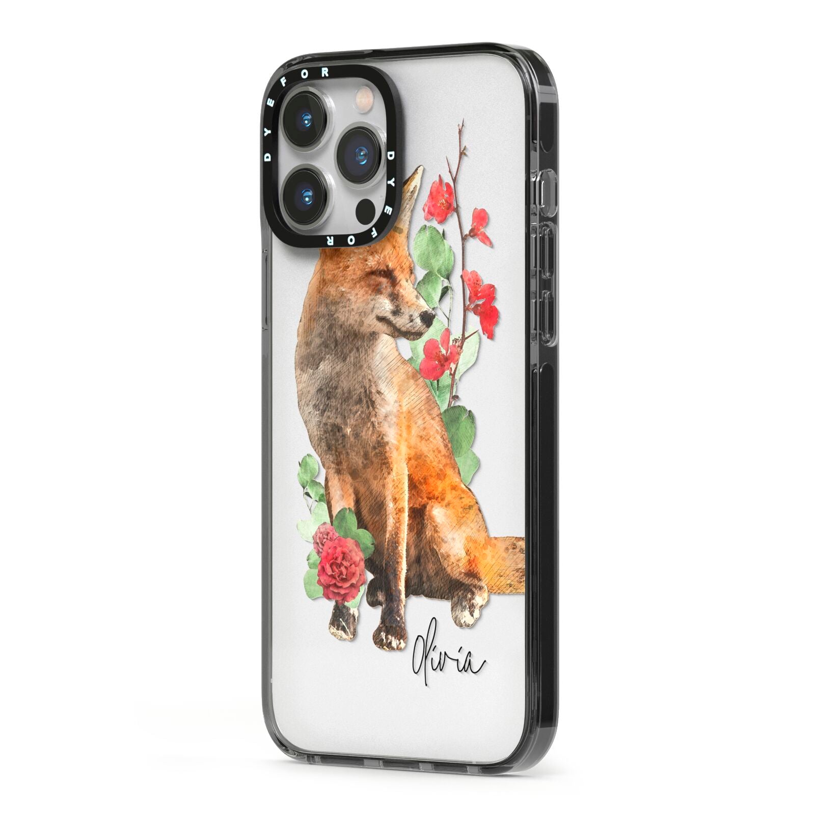 Personalised Fox Name iPhone 13 Pro Max Black Impact Case Side Angle on Silver phone