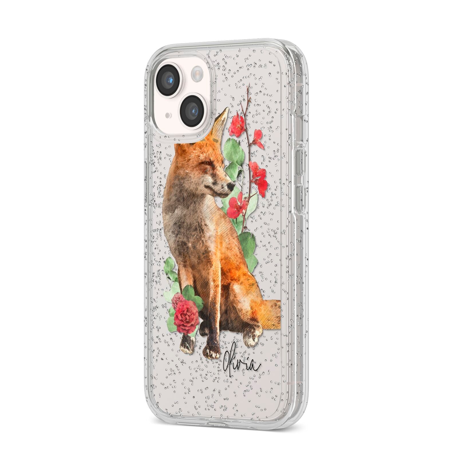Personalised Fox Name iPhone 14 Glitter Tough Case Starlight Angled Image