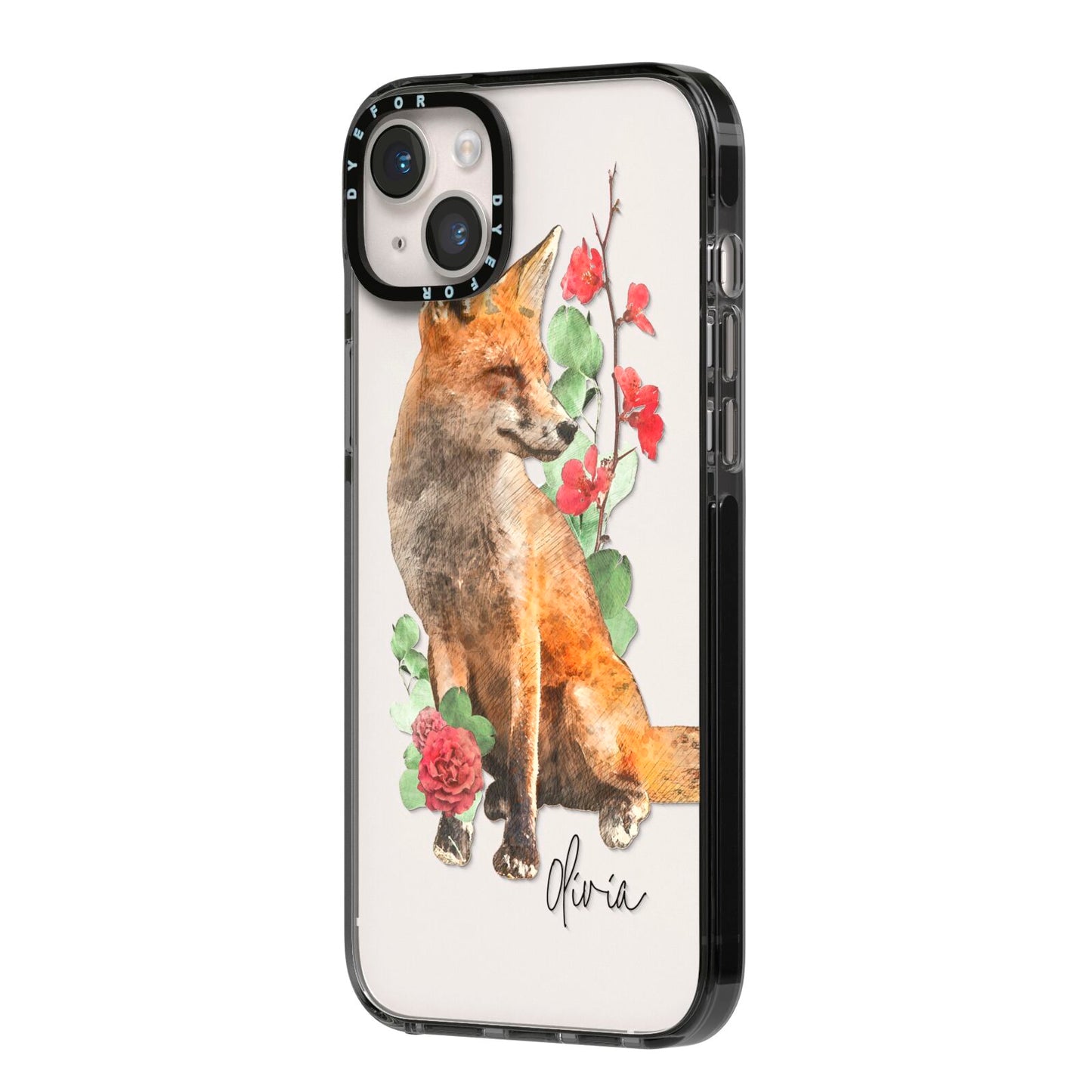 Personalised Fox Name iPhone 14 Plus Black Impact Case Side Angle on Silver phone