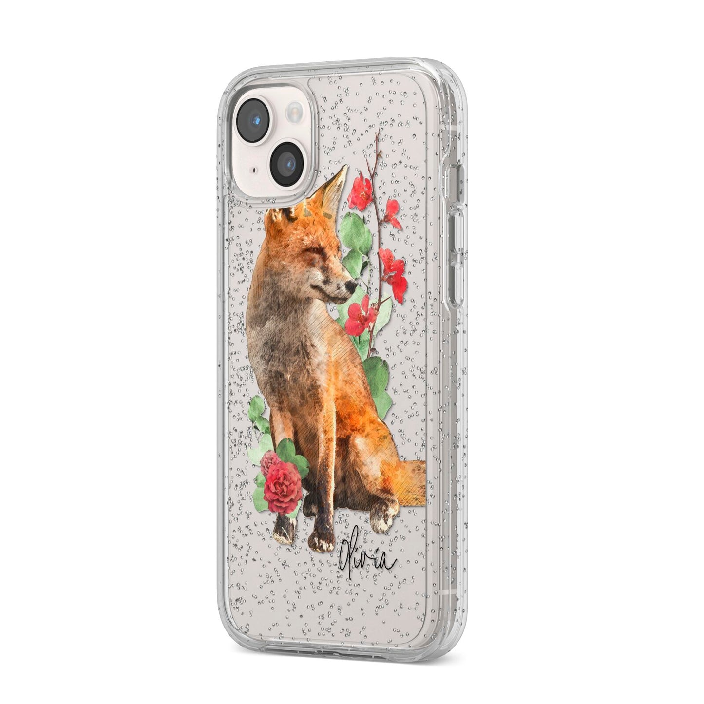 Personalised Fox Name iPhone 14 Plus Glitter Tough Case Starlight Angled Image