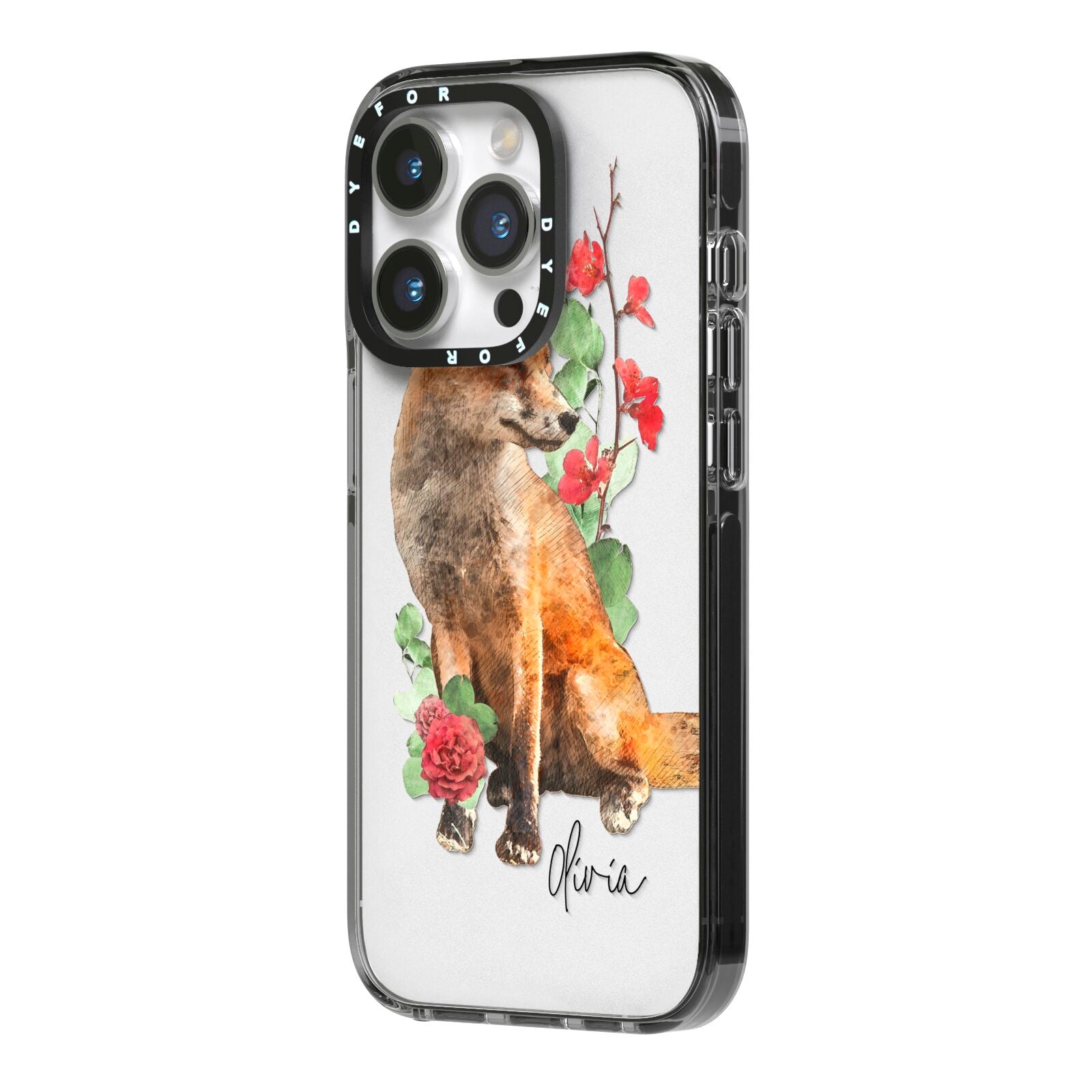 Personalised Fox Name iPhone 14 Pro Black Impact Case Side Angle on Silver phone
