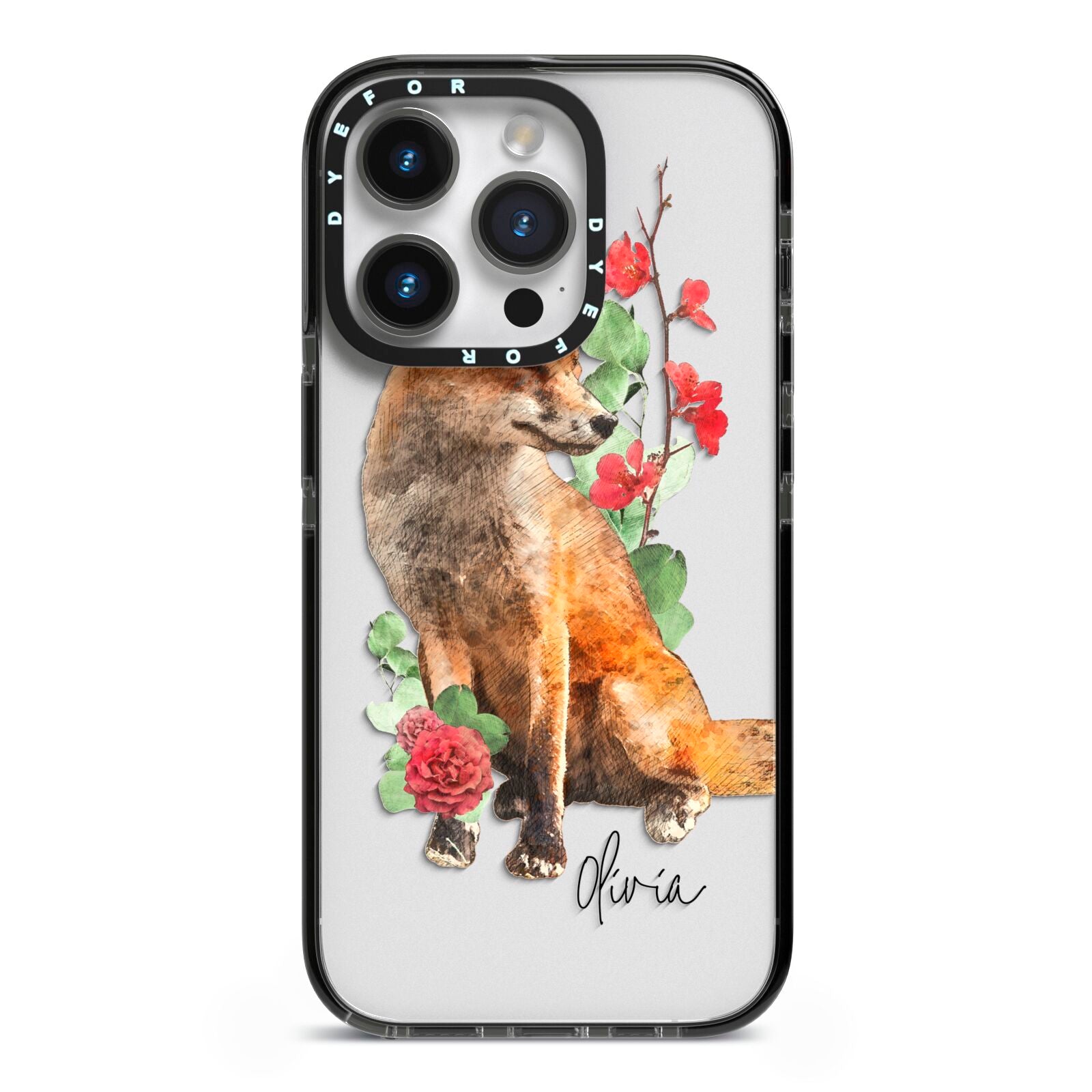 Personalised Fox Name iPhone 14 Pro Black Impact Case on Silver phone