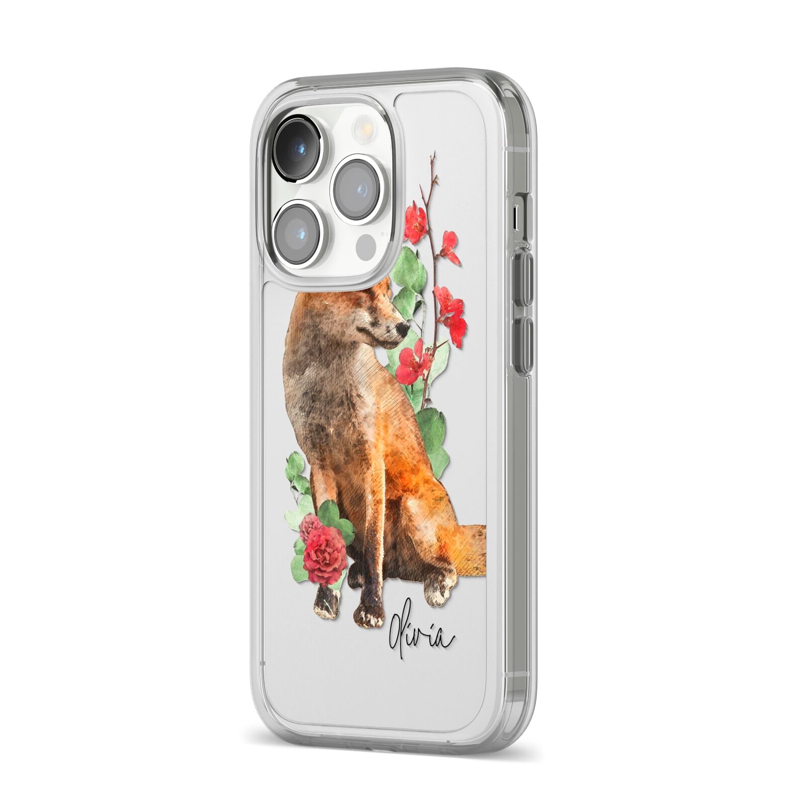 Personalised Fox Name iPhone 14 Pro Clear Tough Case Silver Angled Image