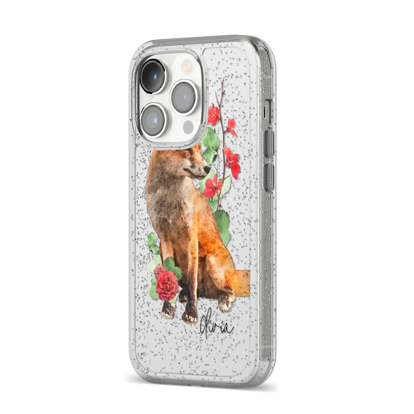 Personalised Fox Name iPhone 14 Pro Glitter Tough Case Silver Angled Image