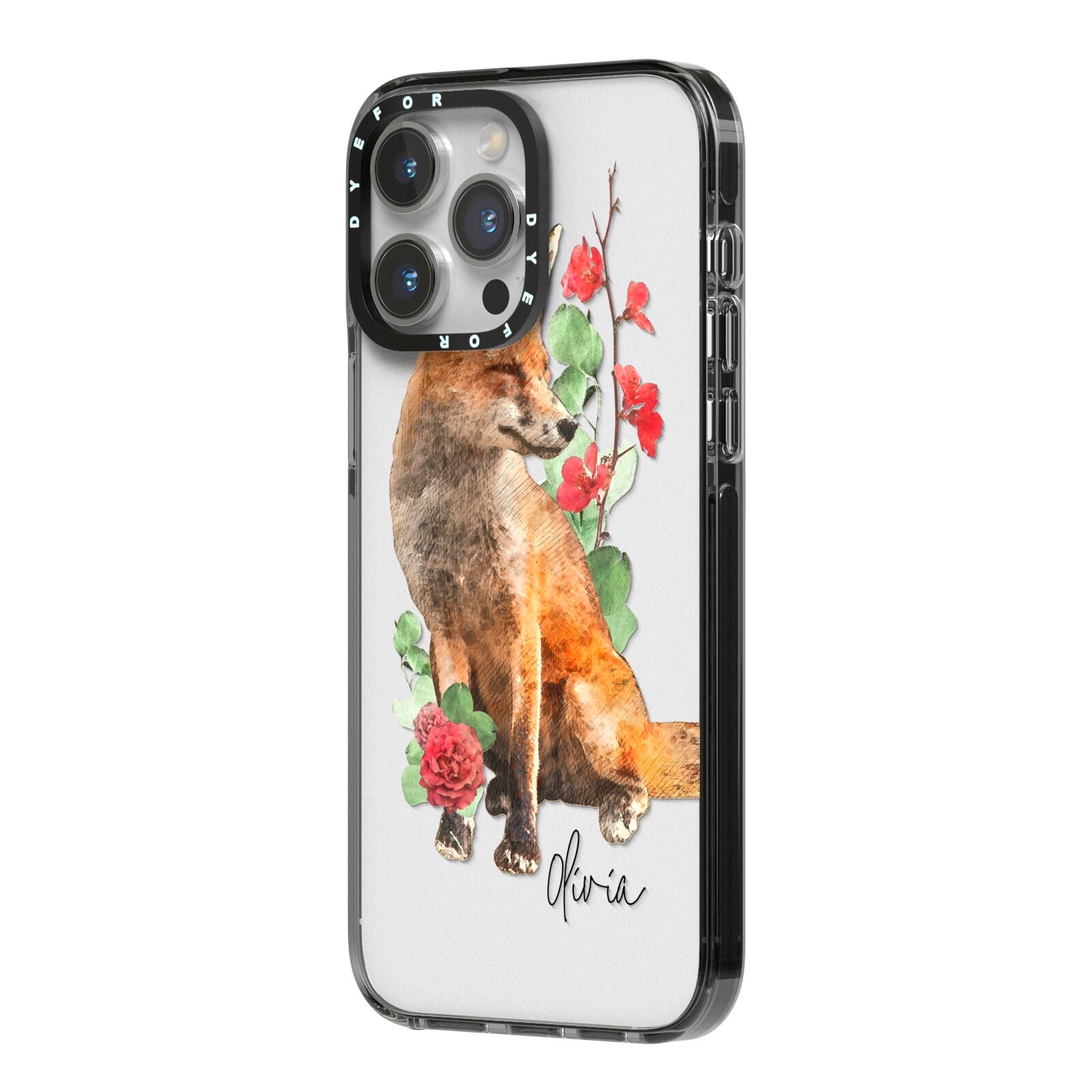 Personalised Fox Name iPhone 14 Pro Max Black Impact Case Side Angle on Silver phone