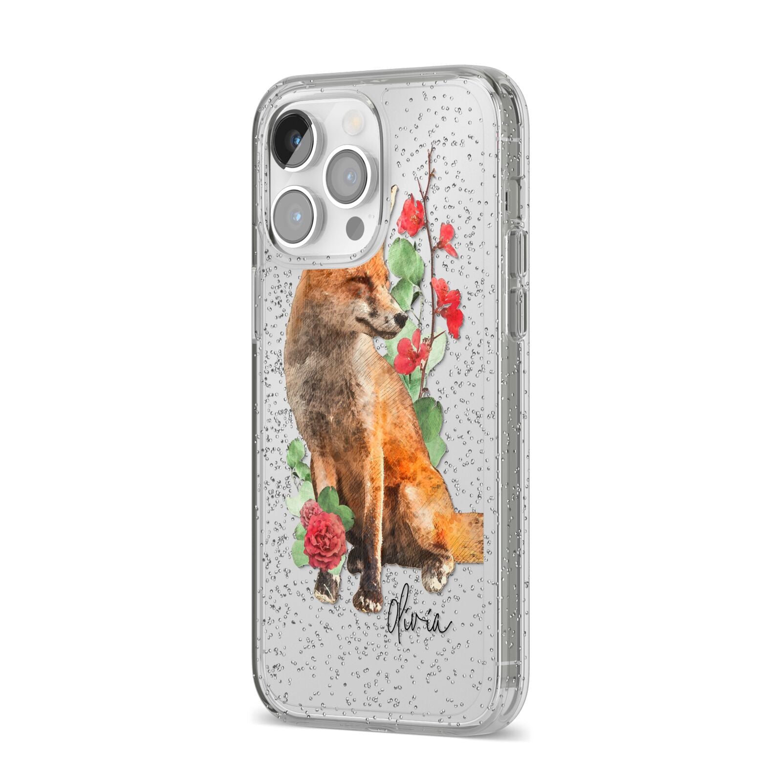 Personalised Fox Name iPhone 14 Pro Max Glitter Tough Case Silver Angled Image
