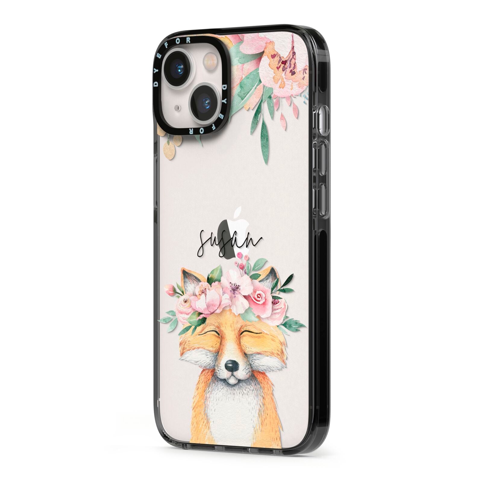 Personalised Fox iPhone 13 Black Impact Case Side Angle on Silver phone