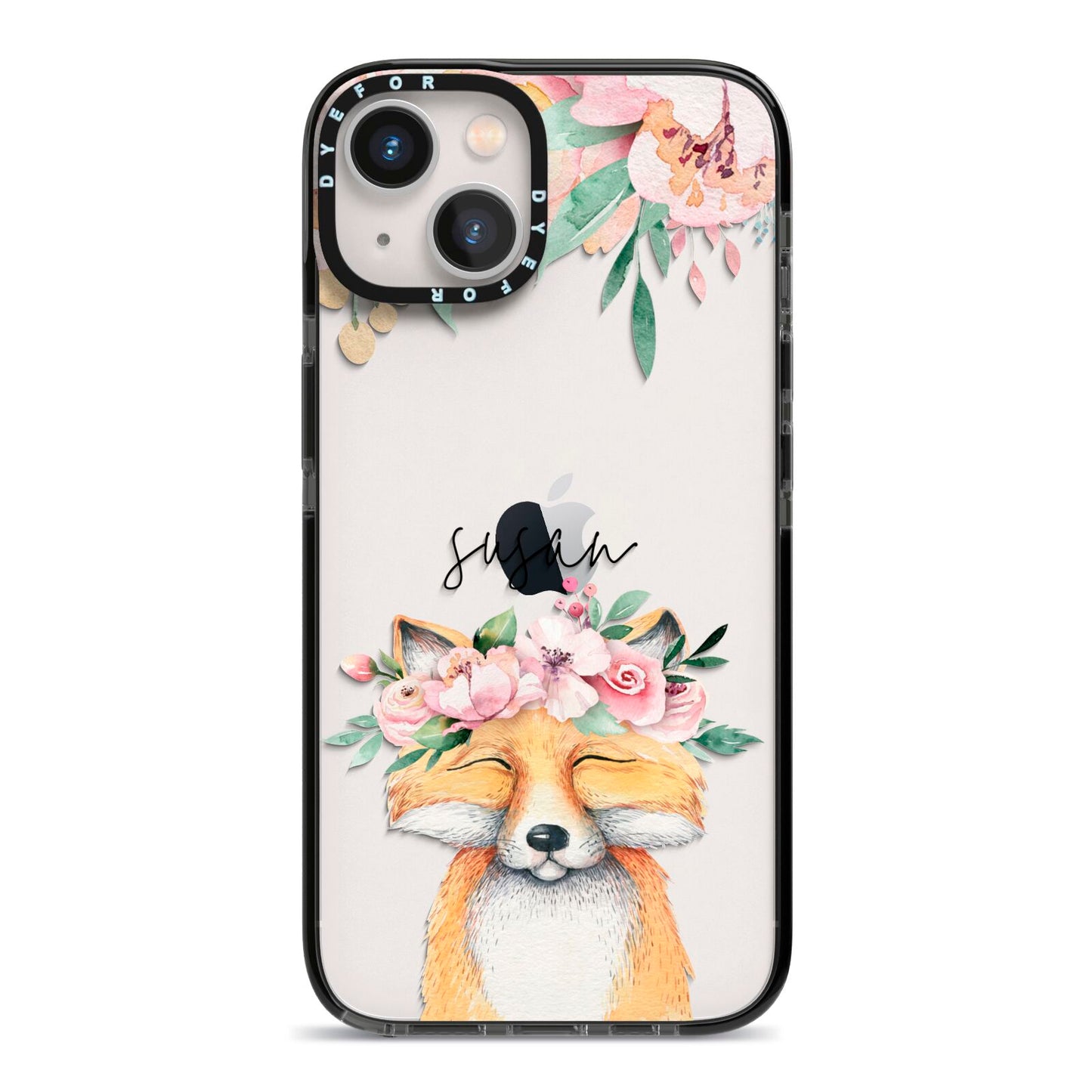 Personalised Fox iPhone 13 Black Impact Case on Silver phone
