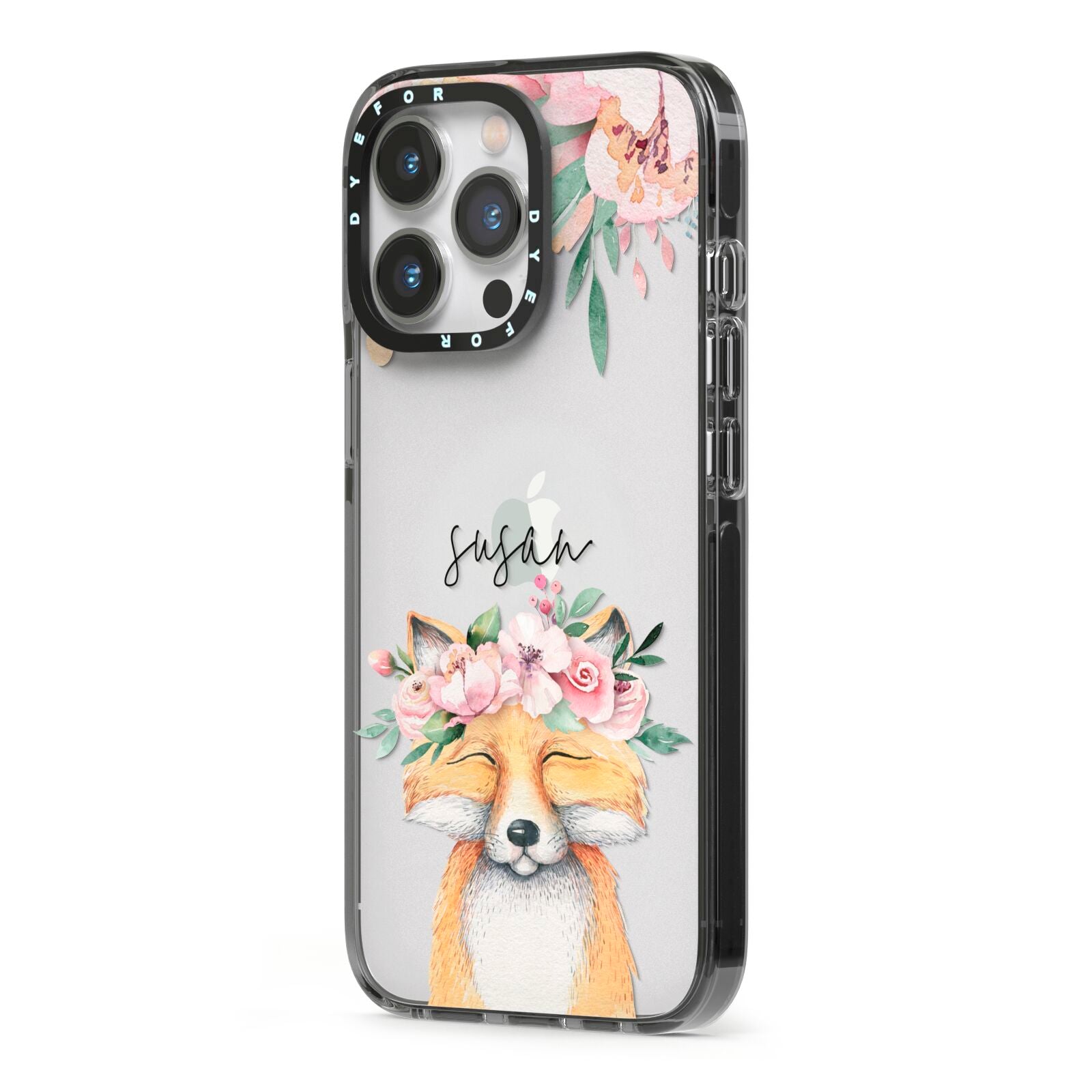 Personalised Fox iPhone 13 Pro Black Impact Case Side Angle on Silver phone