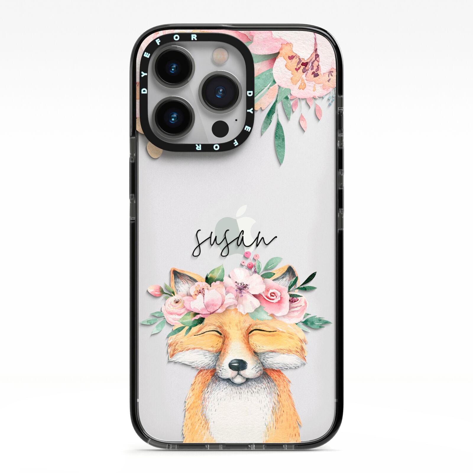 Personalised Fox iPhone 13 Pro Black Impact Case on Silver phone
