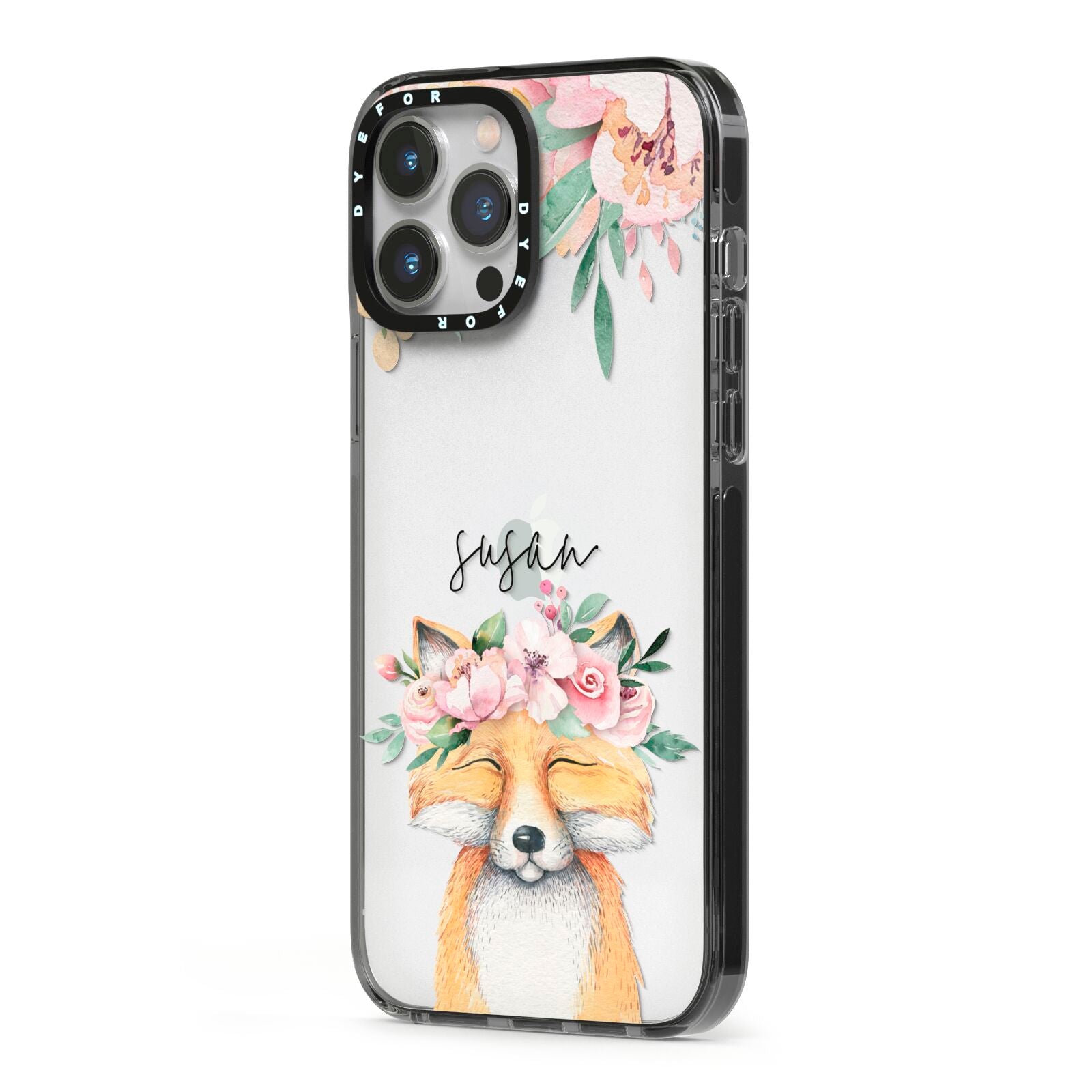 Personalised Fox iPhone 13 Pro Max Black Impact Case Side Angle on Silver phone