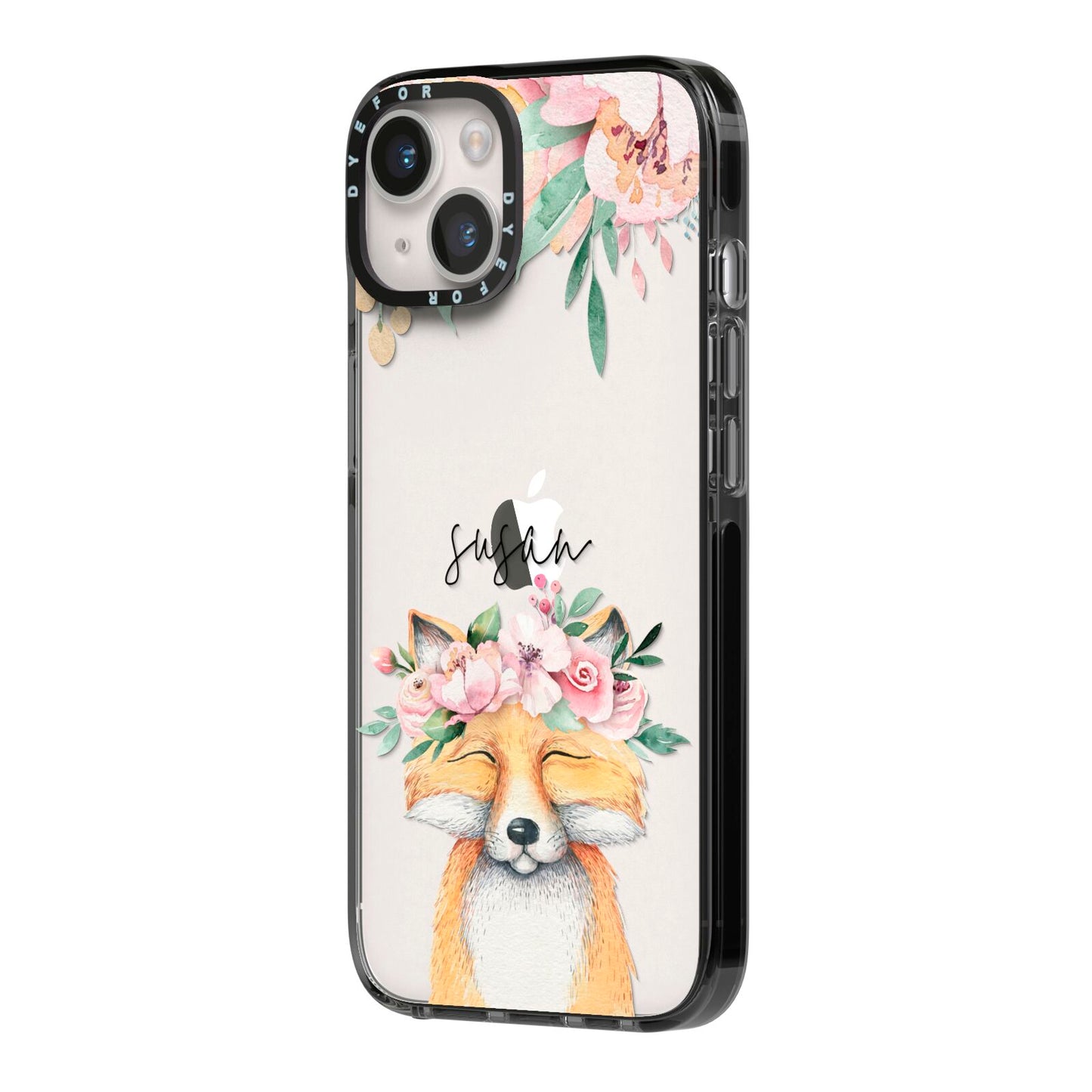 Personalised Fox iPhone 14 Black Impact Case Side Angle on Silver phone