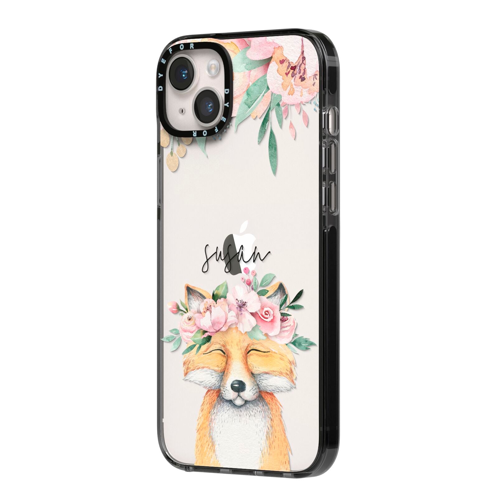 Personalised Fox iPhone 14 Plus Black Impact Case Side Angle on Silver phone