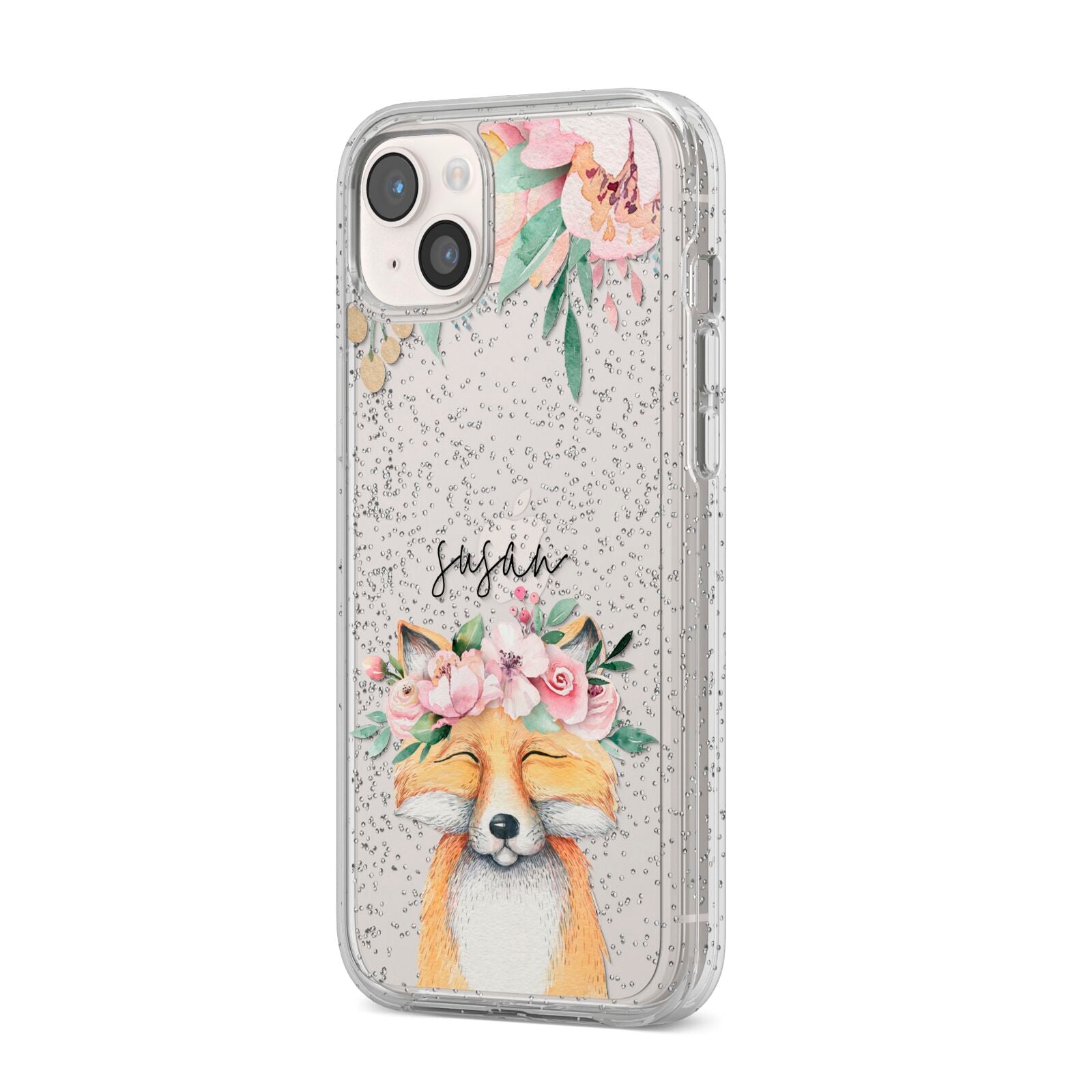 Personalised Fox iPhone 14 Plus Glitter Tough Case Starlight Angled Image