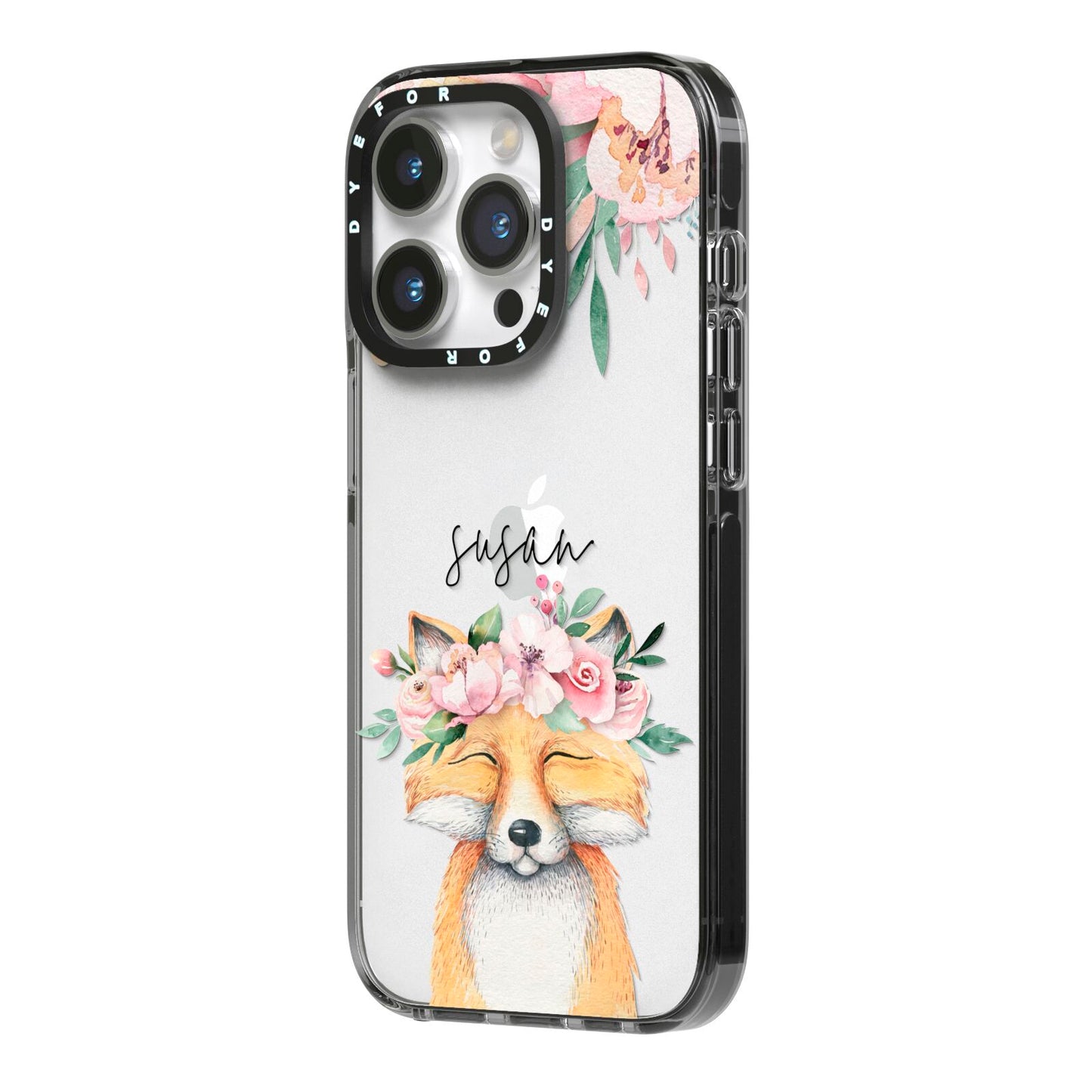 Personalised Fox iPhone 14 Pro Black Impact Case Side Angle on Silver phone