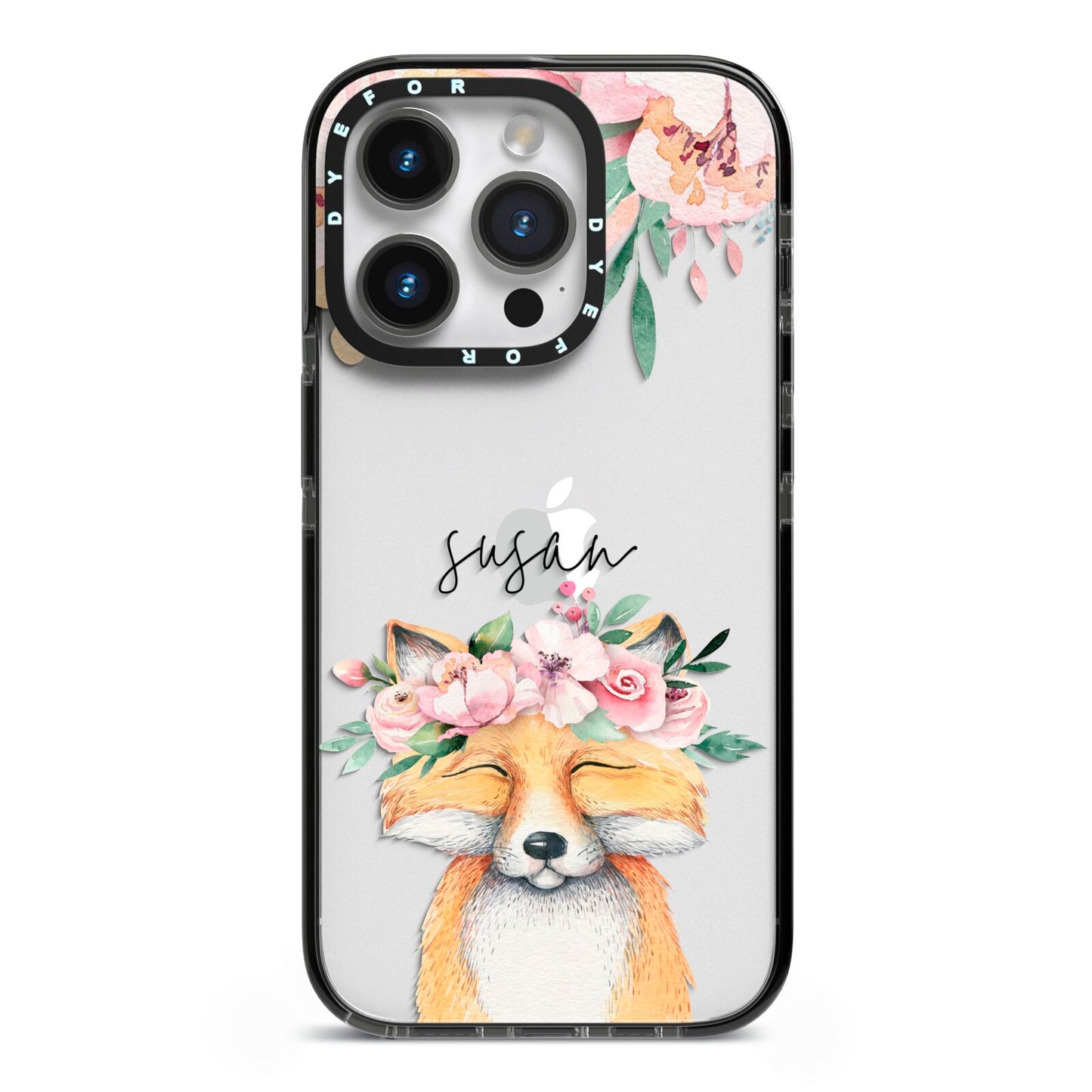 Personalised Fox iPhone 14 Pro Black Impact Case on Silver phone