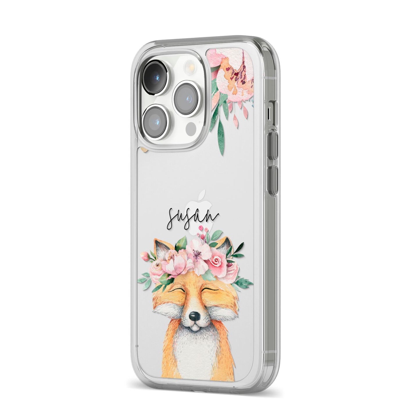 Personalised Fox iPhone 14 Pro Clear Tough Case Silver Angled Image