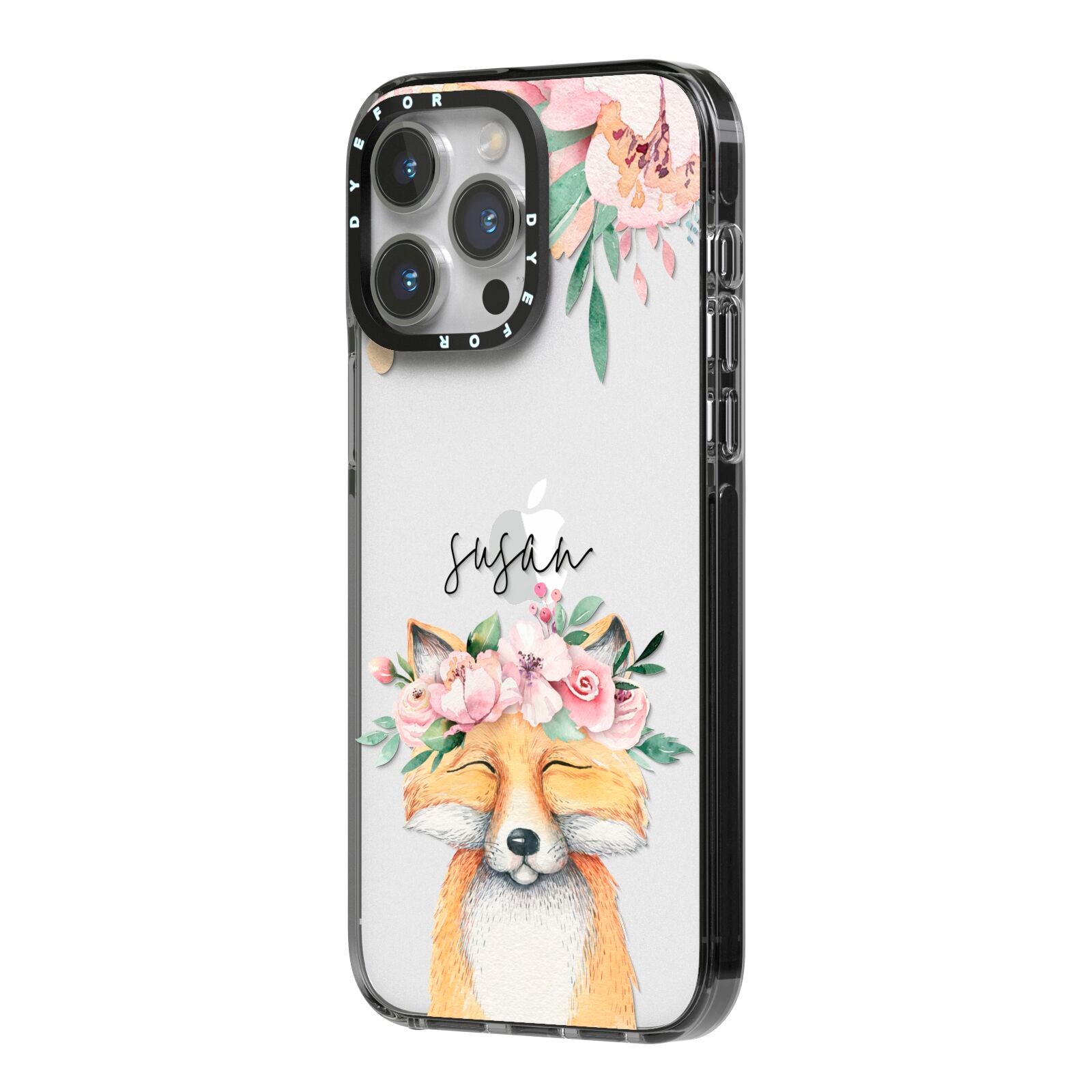 Personalised Fox iPhone 14 Pro Max Black Impact Case Side Angle on Silver phone