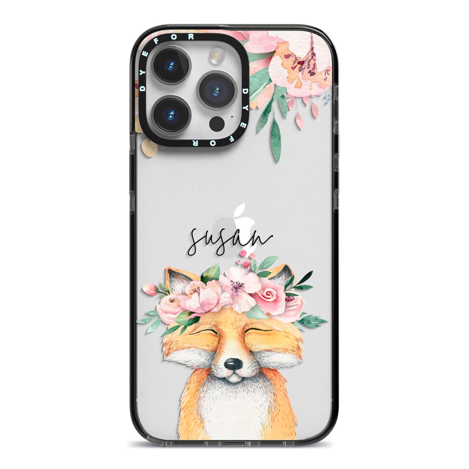 Personalised Fox iPhone 14 Pro Max Black Impact Case on Silver phone