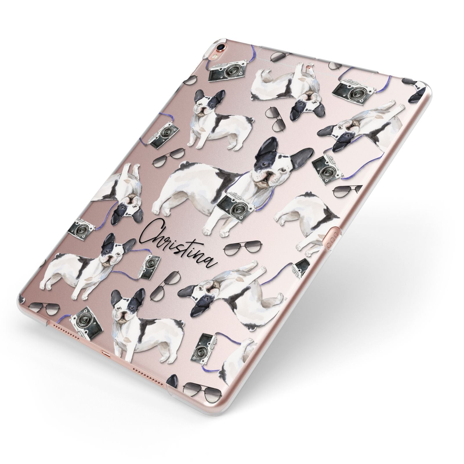 Personalised French Bulldog Apple iPad Case on Rose Gold iPad Side View