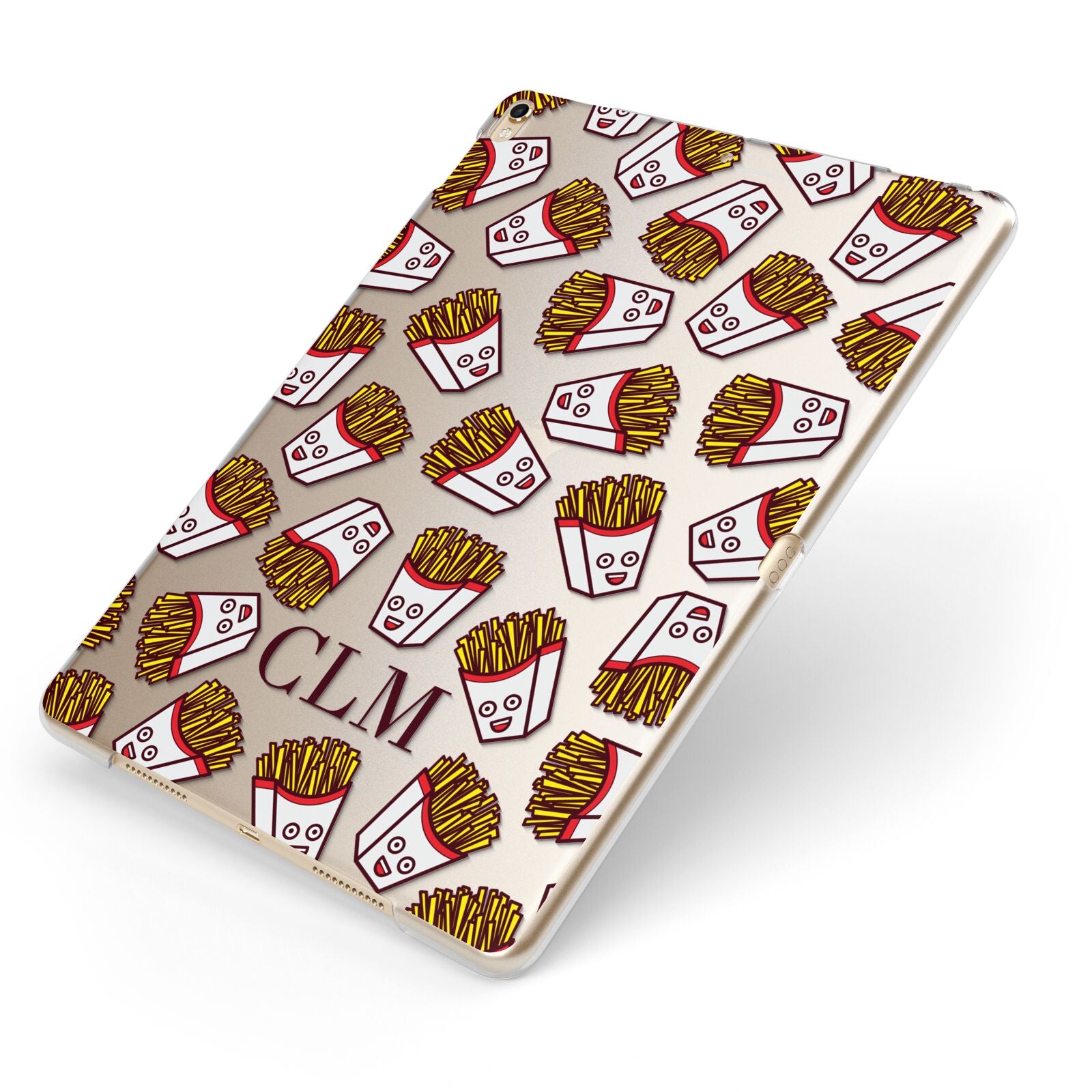 Personalised Fries Initials Clear Apple iPad Case on Gold iPad Side View