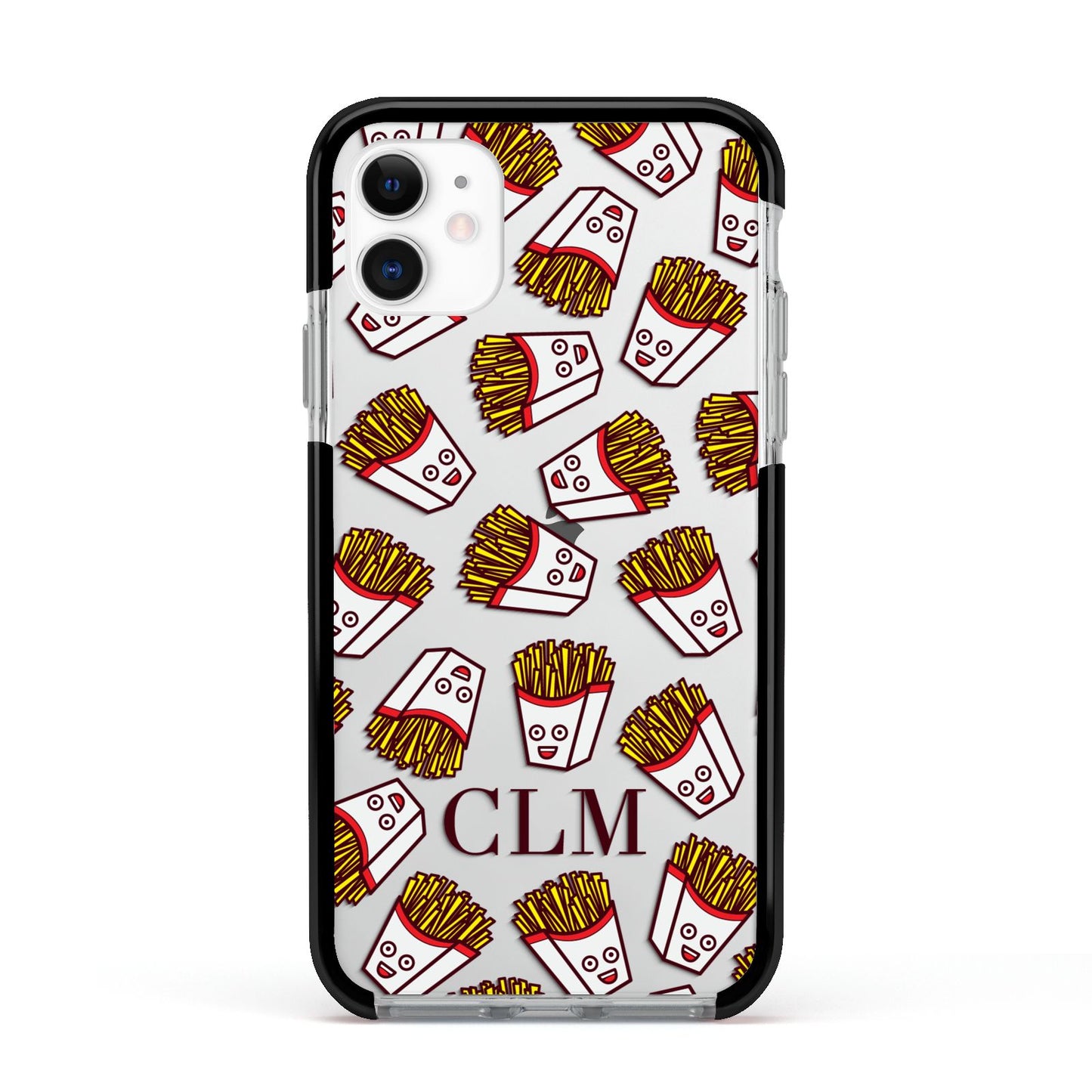 Personalised Fries Initials Clear Apple iPhone 11 in White with Black Impact Case