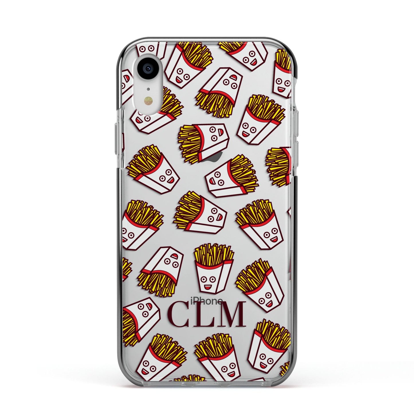 Personalised Fries Initials Clear Apple iPhone XR Impact Case Black Edge on Silver Phone