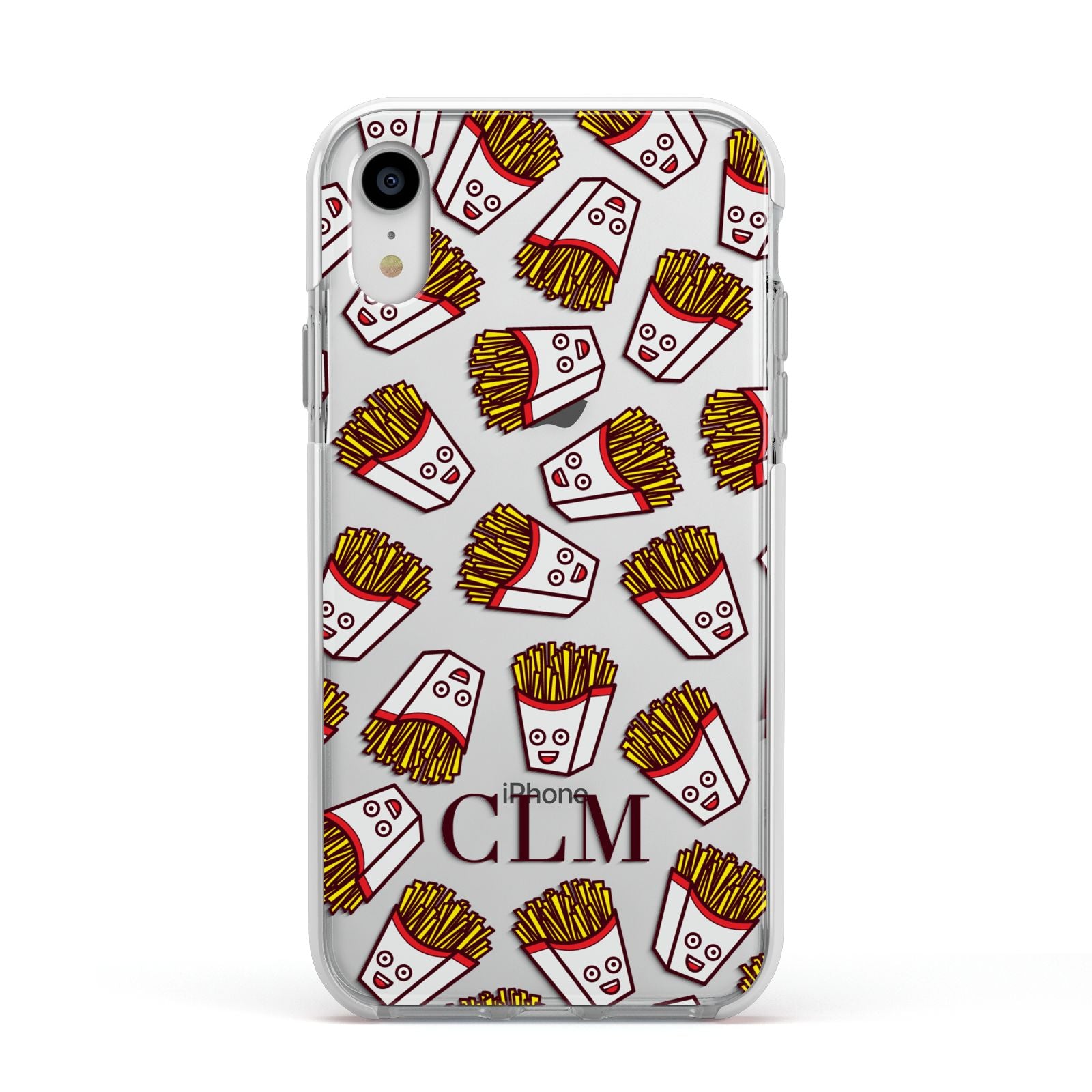 Personalised Fries Initials Clear Apple iPhone XR Impact Case White Edge on Silver Phone