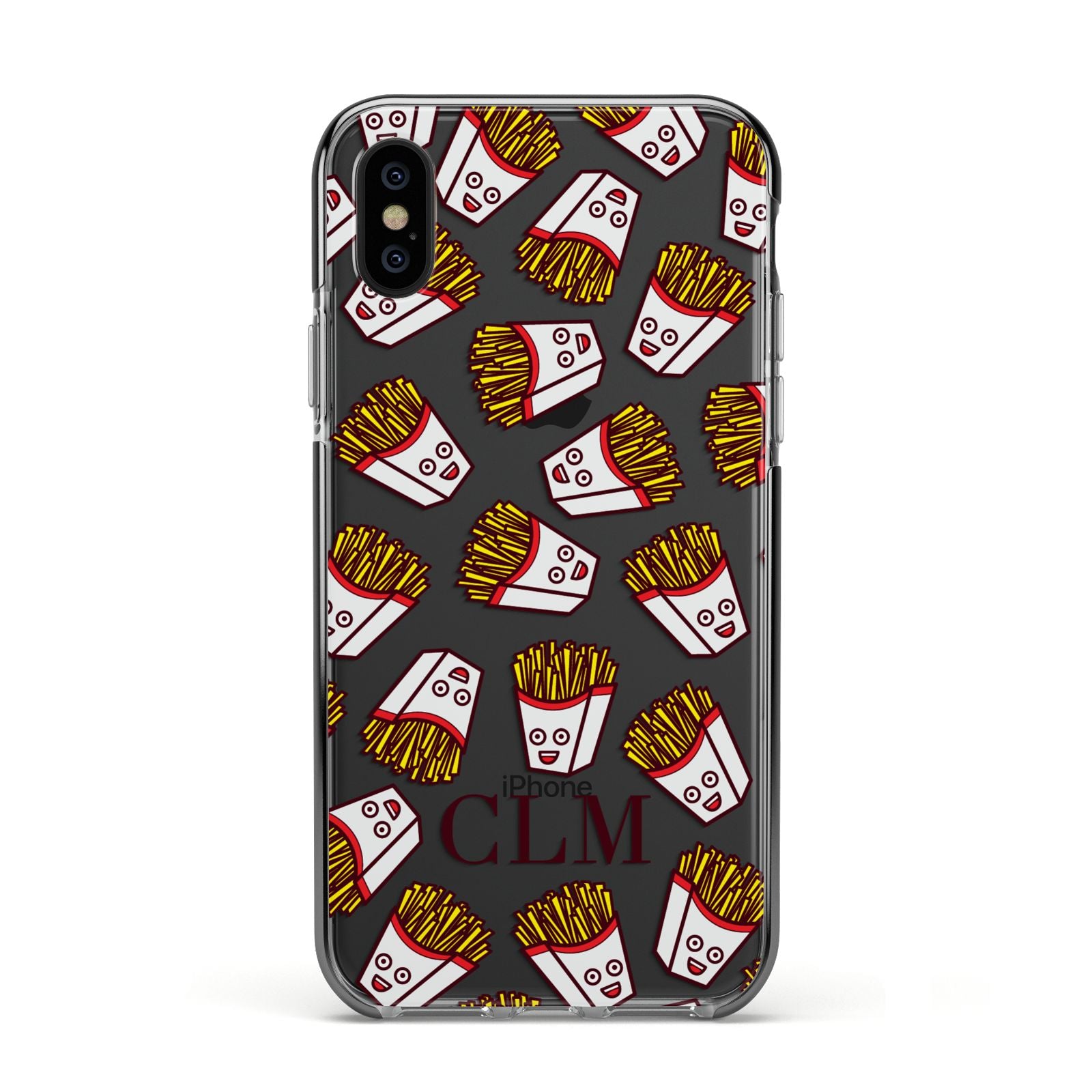 Personalised Fries Initials Clear Apple iPhone Xs Impact Case Black Edge on Black Phone