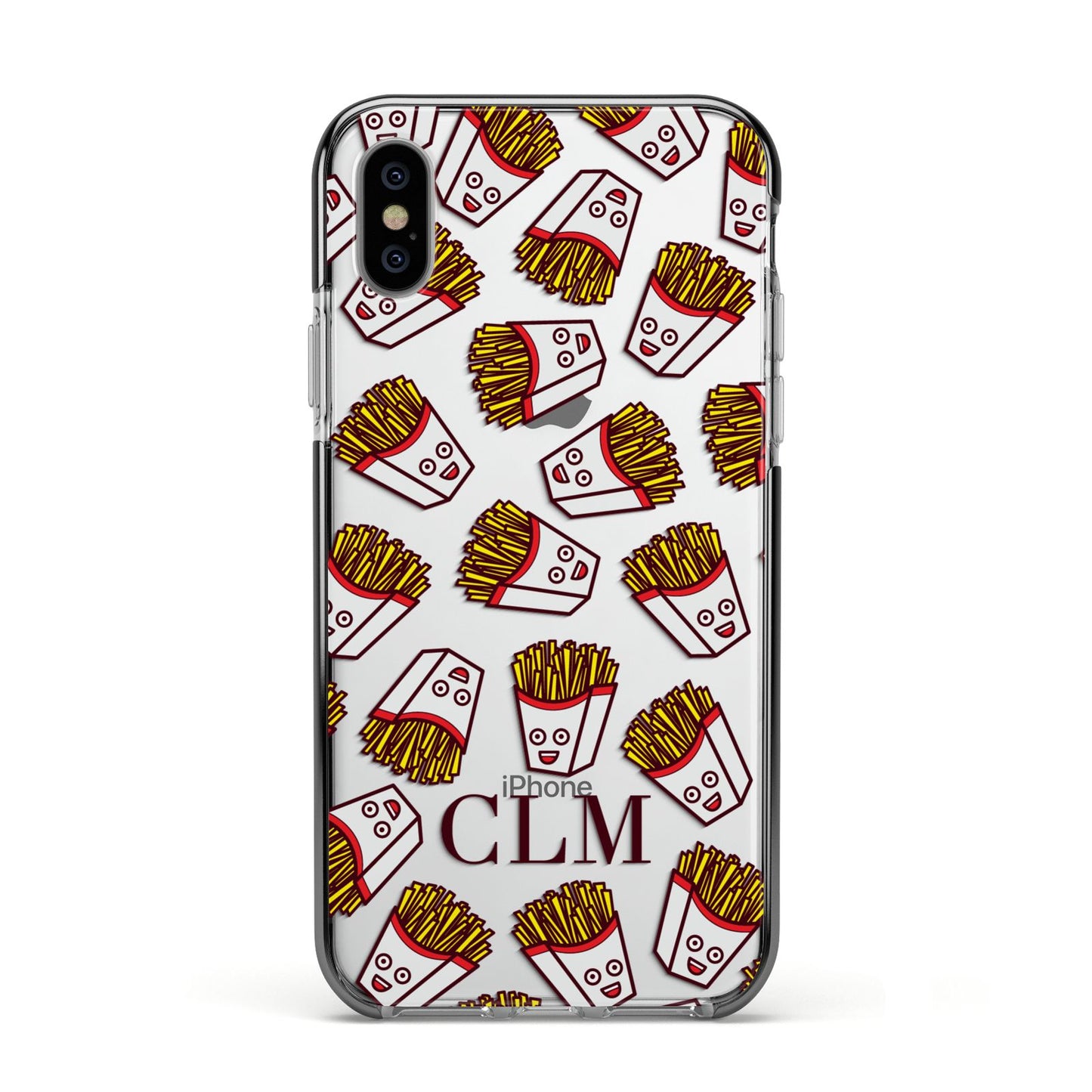 Personalised Fries Initials Clear Apple iPhone Xs Impact Case Black Edge on Silver Phone