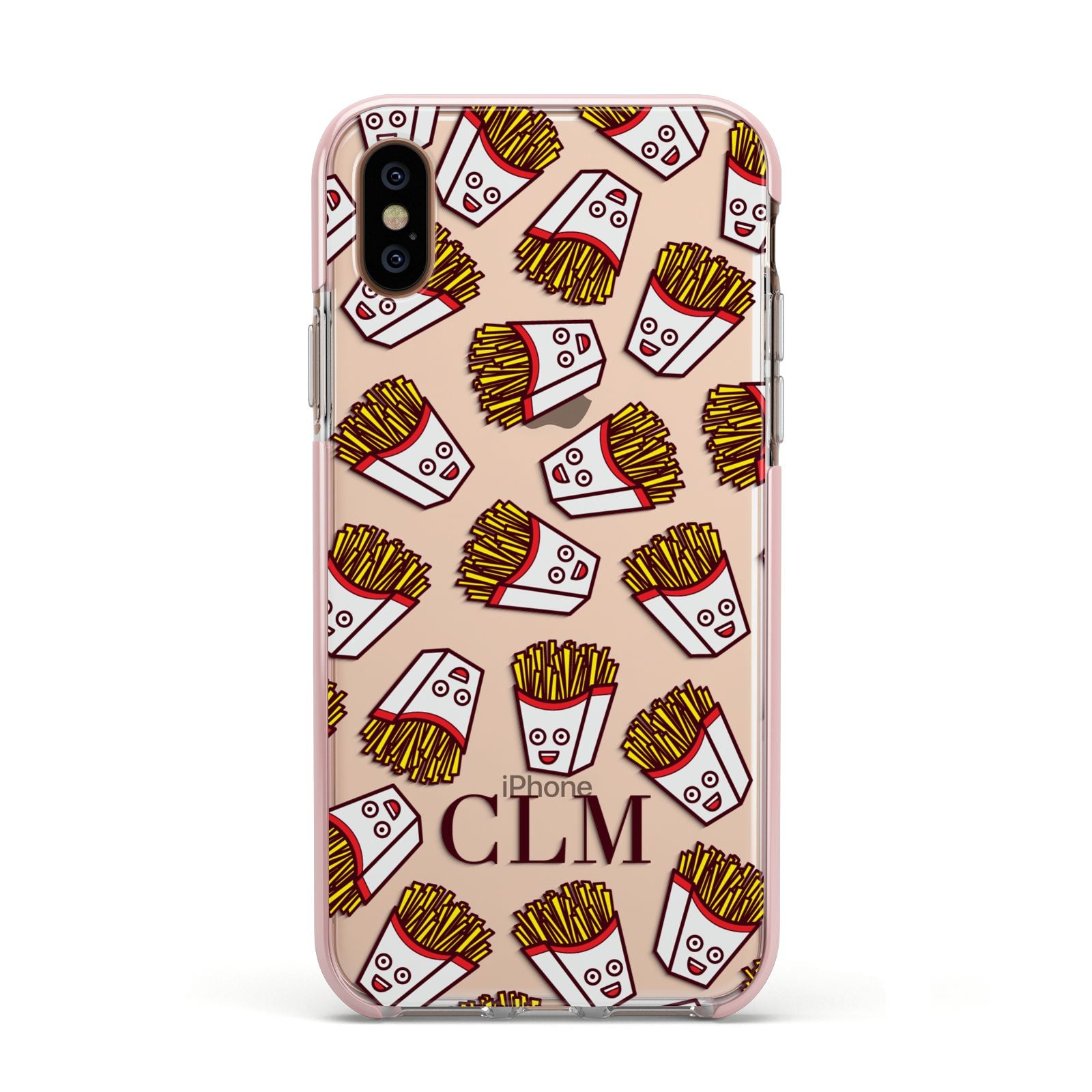 Personalised Fries Initials Clear Apple iPhone Xs Impact Case Pink Edge on Gold Phone