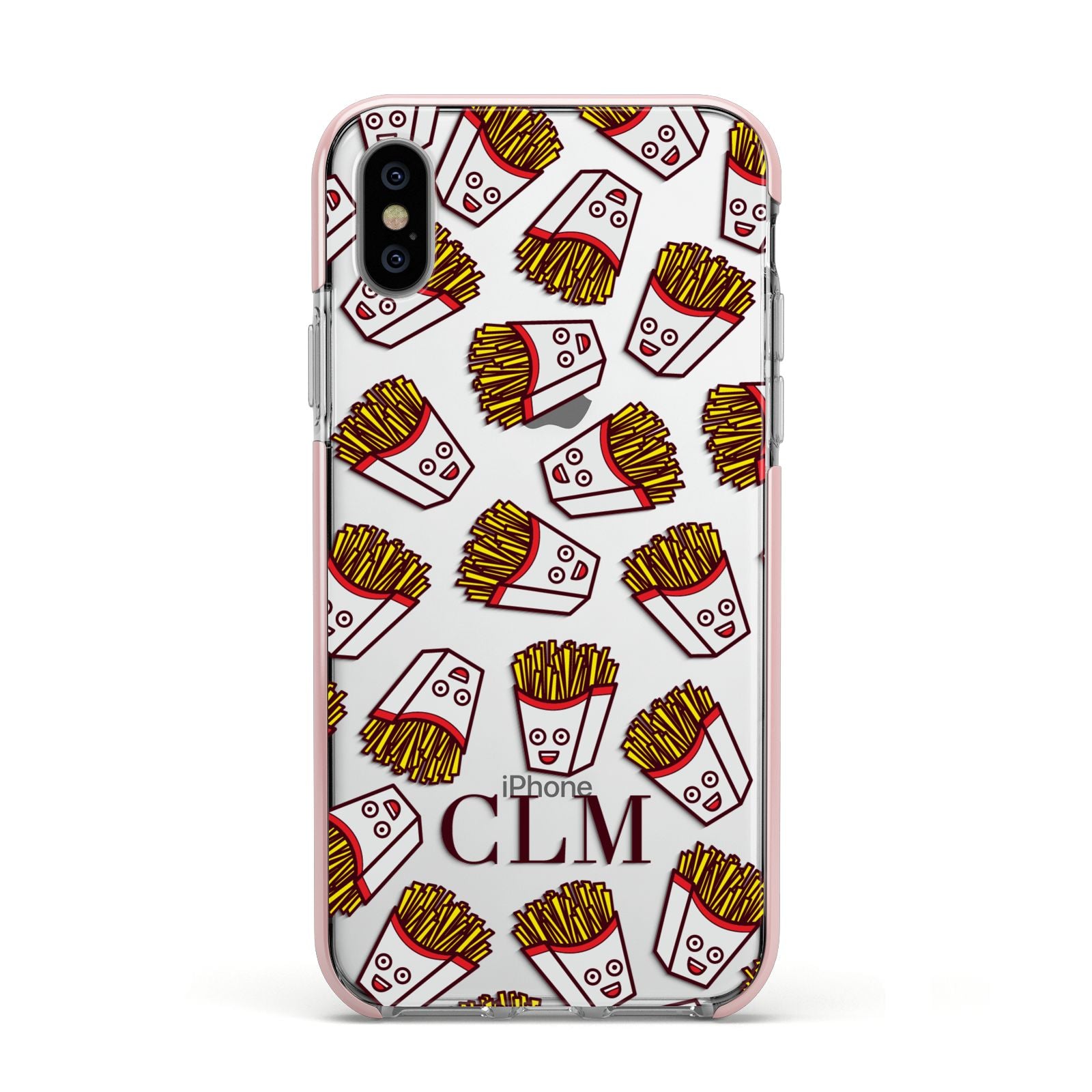 Personalised Fries Initials Clear Apple iPhone Xs Impact Case Pink Edge on Silver Phone