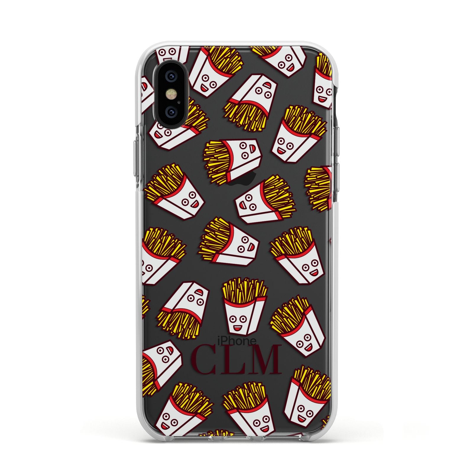 Personalised Fries Initials Clear Apple iPhone Xs Impact Case White Edge on Black Phone