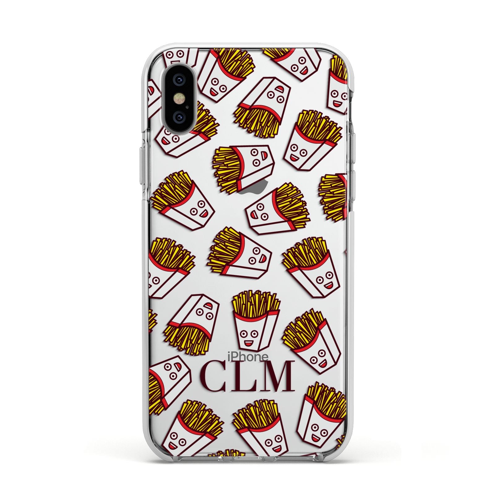 Personalised Fries Initials Clear Apple iPhone Xs Impact Case White Edge on Silver Phone