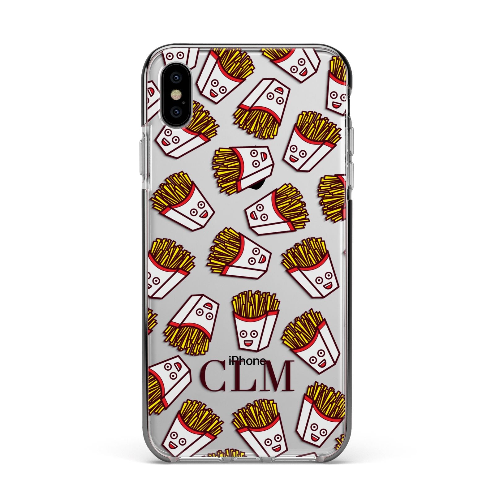 Personalised Fries Initials Clear Apple iPhone Xs Max Impact Case Black Edge on Silver Phone