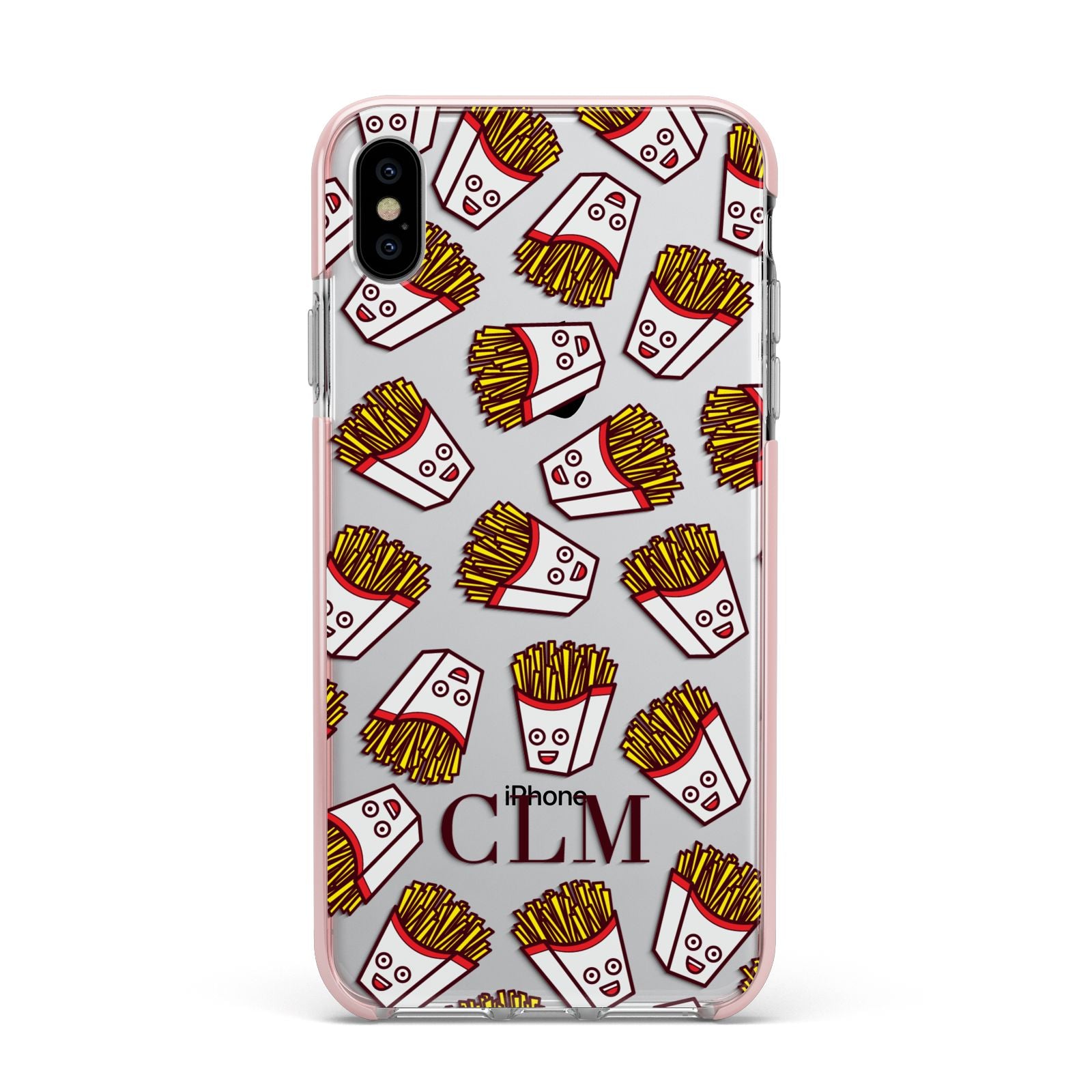 Personalised Fries Initials Clear Apple iPhone Xs Max Impact Case Pink Edge on Silver Phone