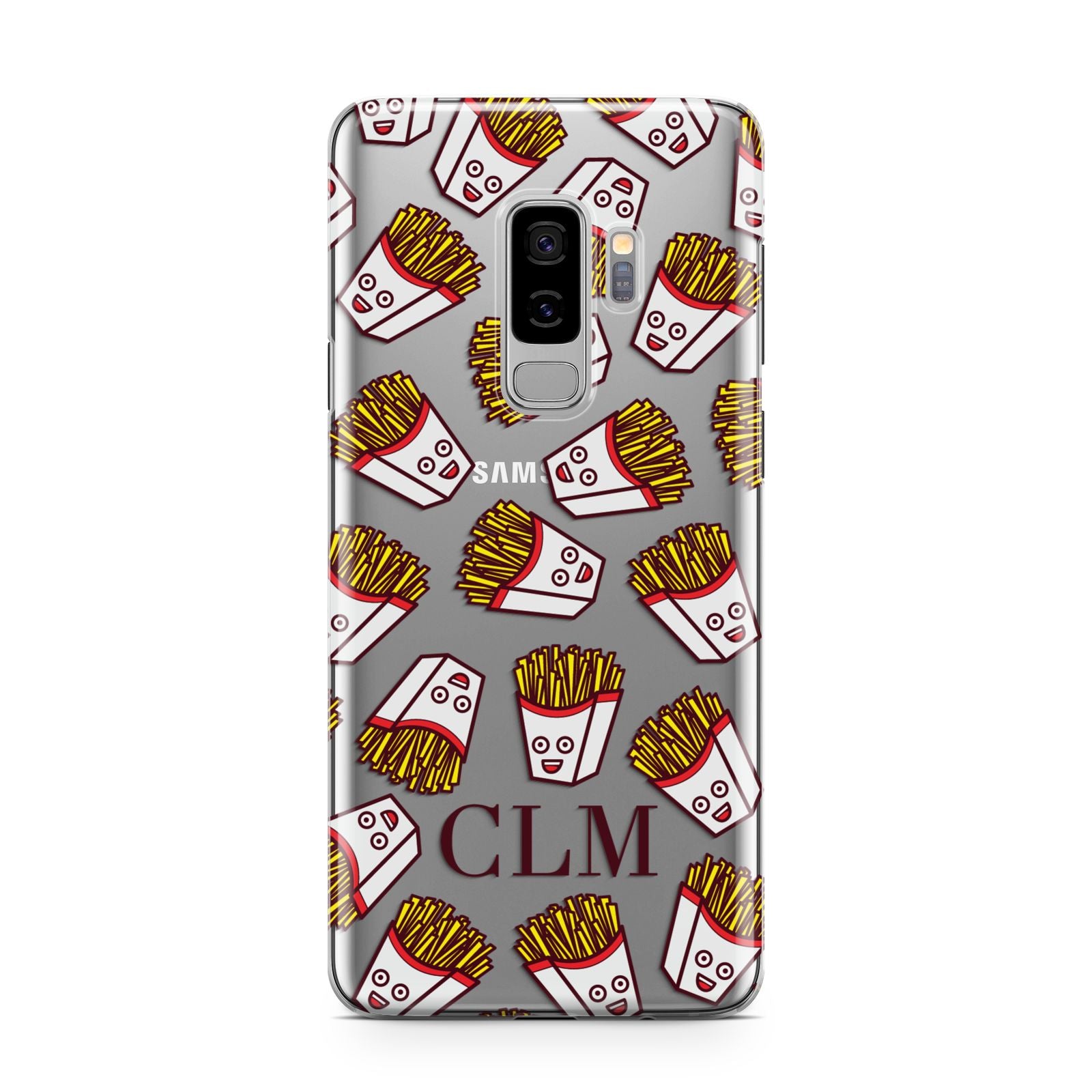 Personalised Fries Initials Clear Samsung Galaxy S9 Plus Case on Silver phone