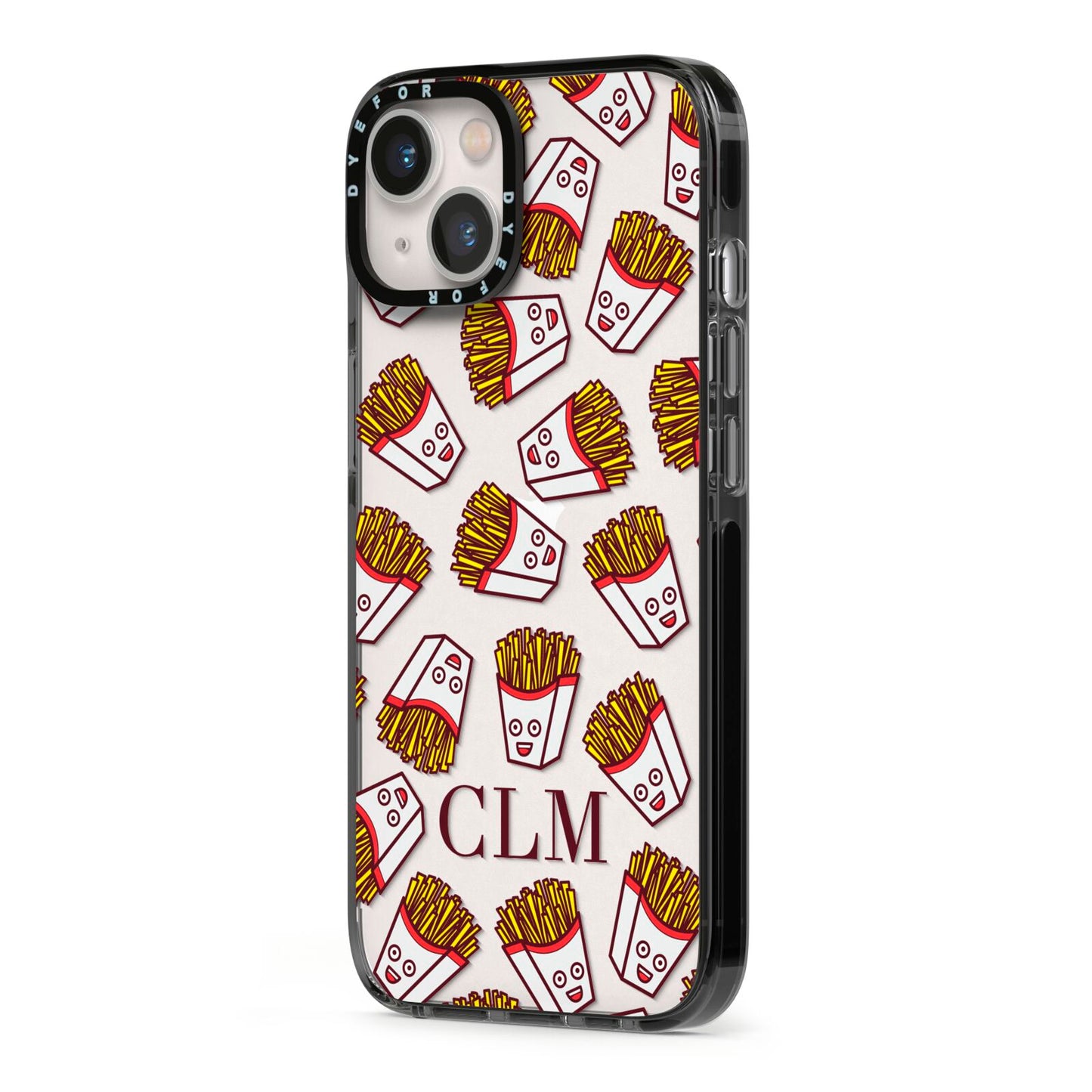 Personalised Fries Initials Clear iPhone 13 Black Impact Case Side Angle on Silver phone