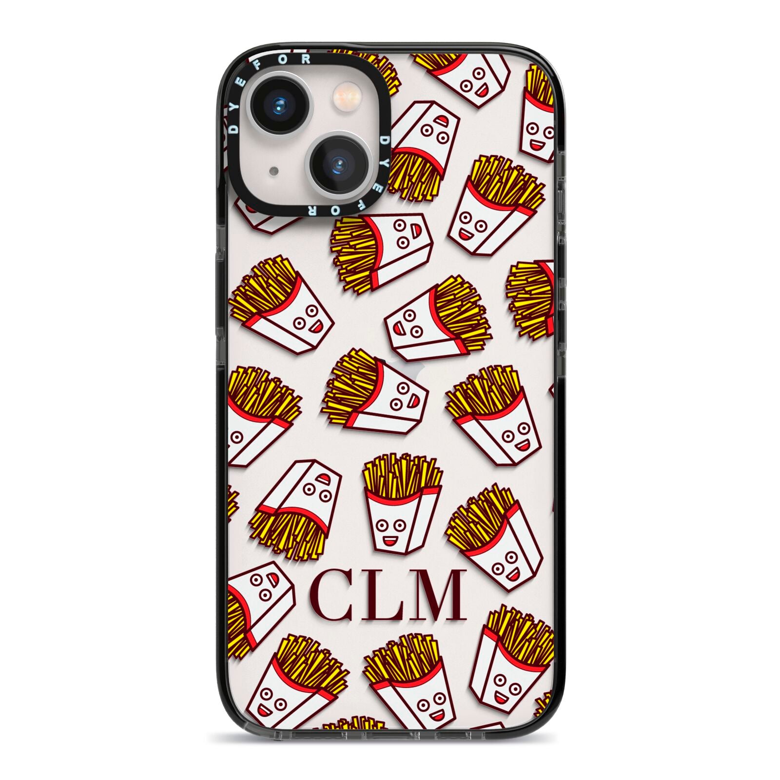 Personalised Fries Initials Clear iPhone 13 Black Impact Case on Silver phone