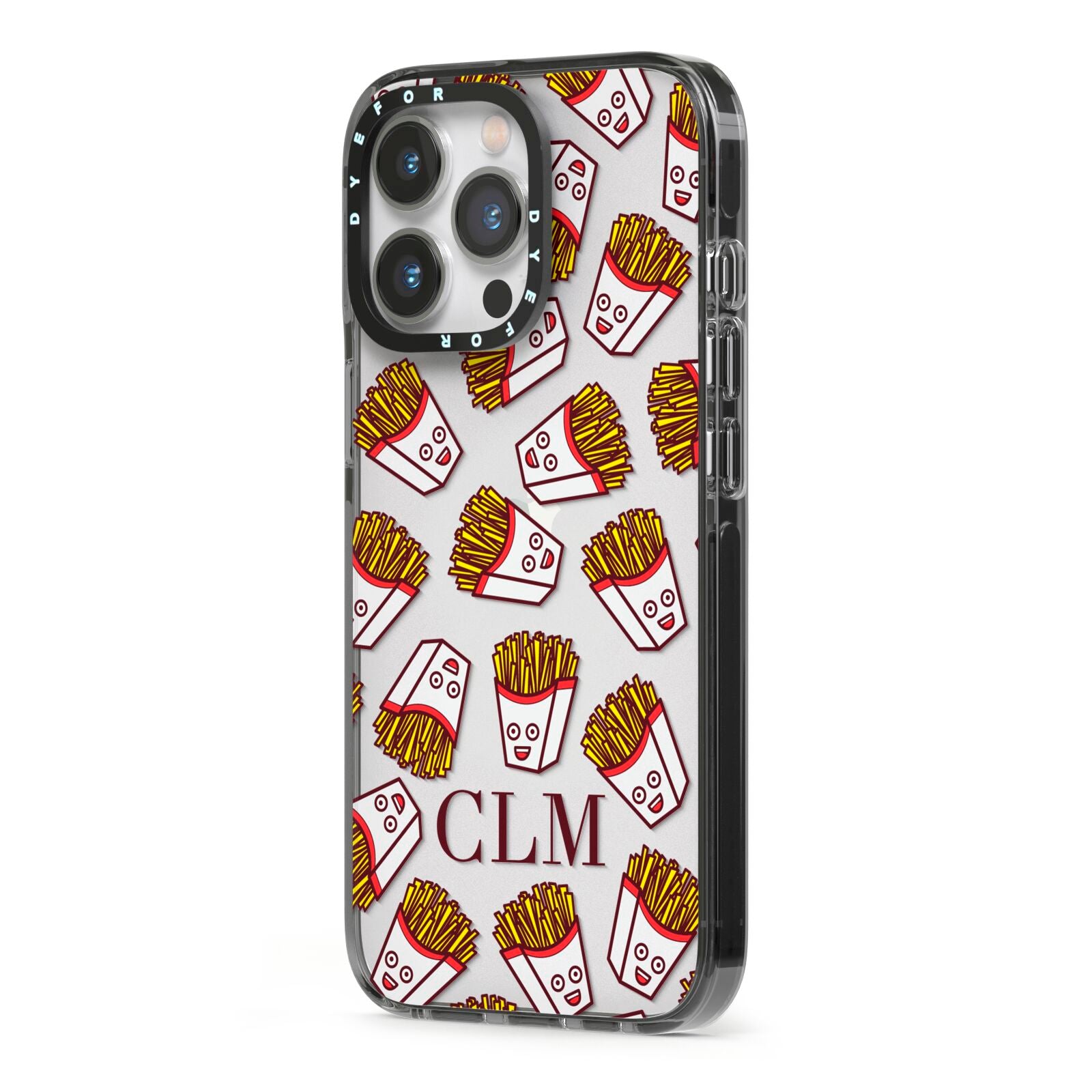 Personalised Fries Initials Clear iPhone 13 Pro Black Impact Case Side Angle on Silver phone