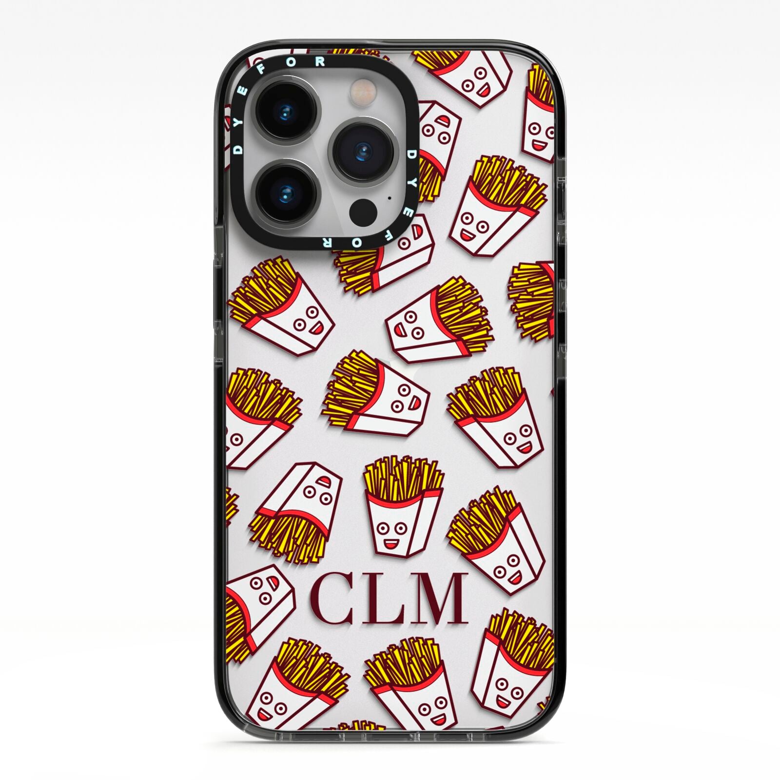 Personalised Fries Initials Clear iPhone 13 Pro Black Impact Case on Silver phone