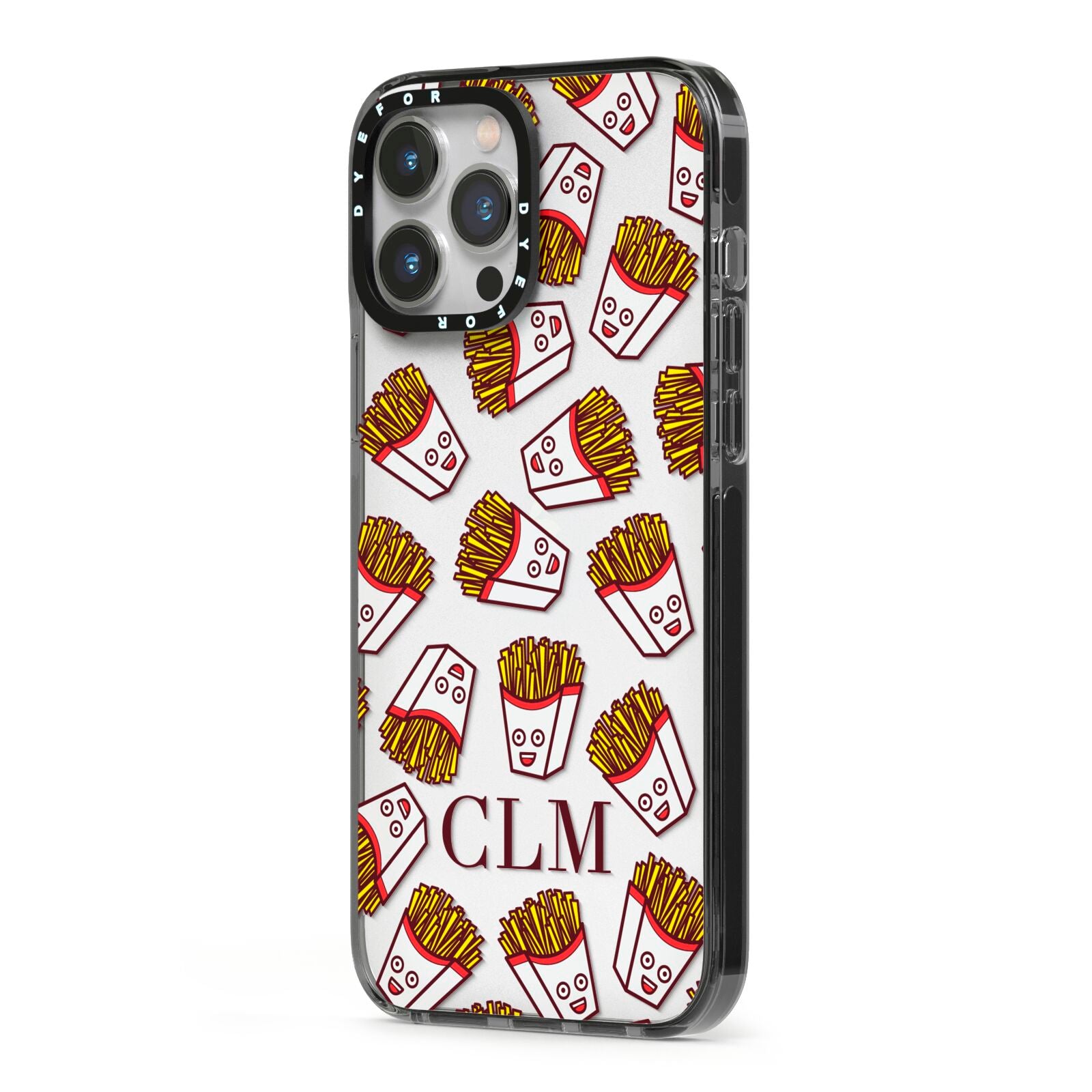 Personalised Fries Initials Clear iPhone 13 Pro Max Black Impact Case Side Angle on Silver phone