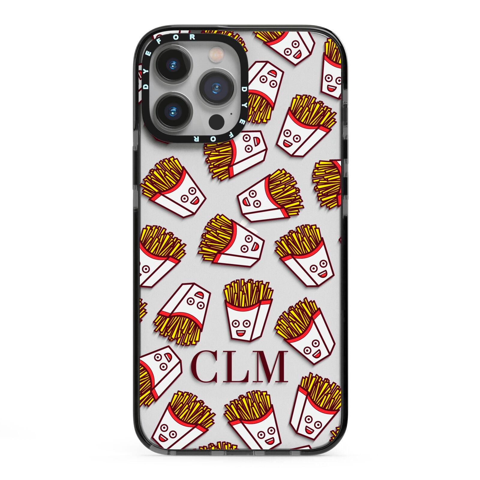 Personalised Fries Initials Clear iPhone 13 Pro Max Black Impact Case on Silver phone