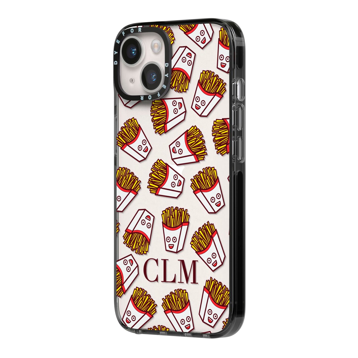 Personalised Fries Initials Clear iPhone 14 Black Impact Case Side Angle on Silver phone