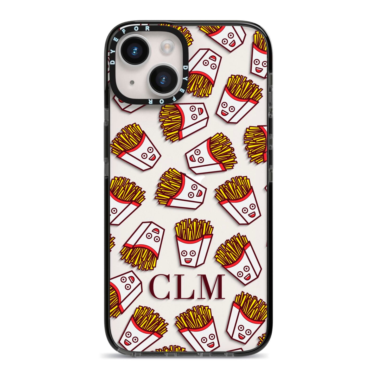 Personalised Fries Initials Clear iPhone 14 Black Impact Case on Silver phone