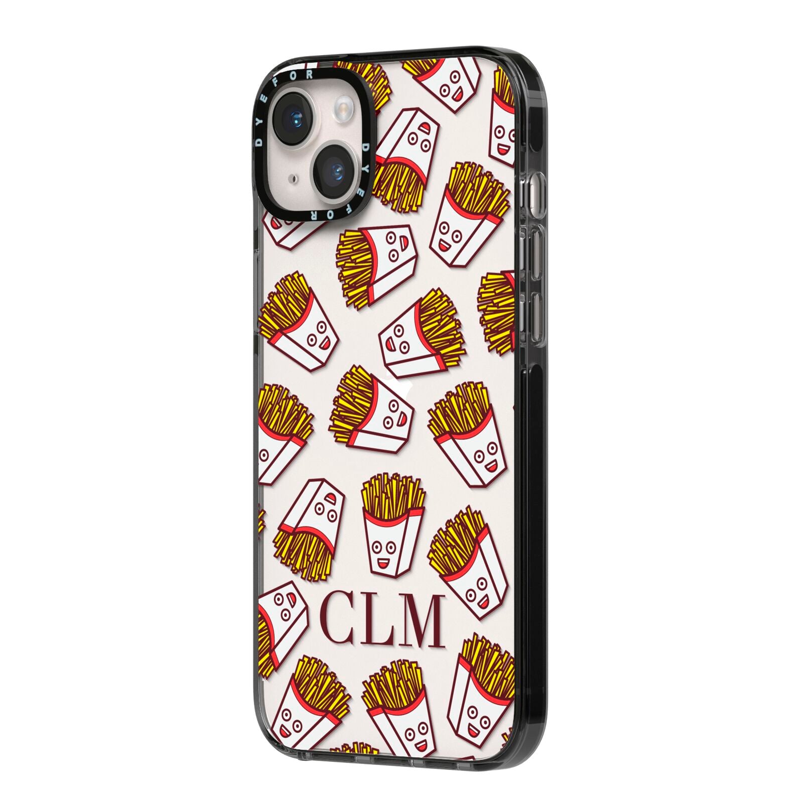Personalised Fries Initials Clear iPhone 14 Plus Black Impact Case Side Angle on Silver phone