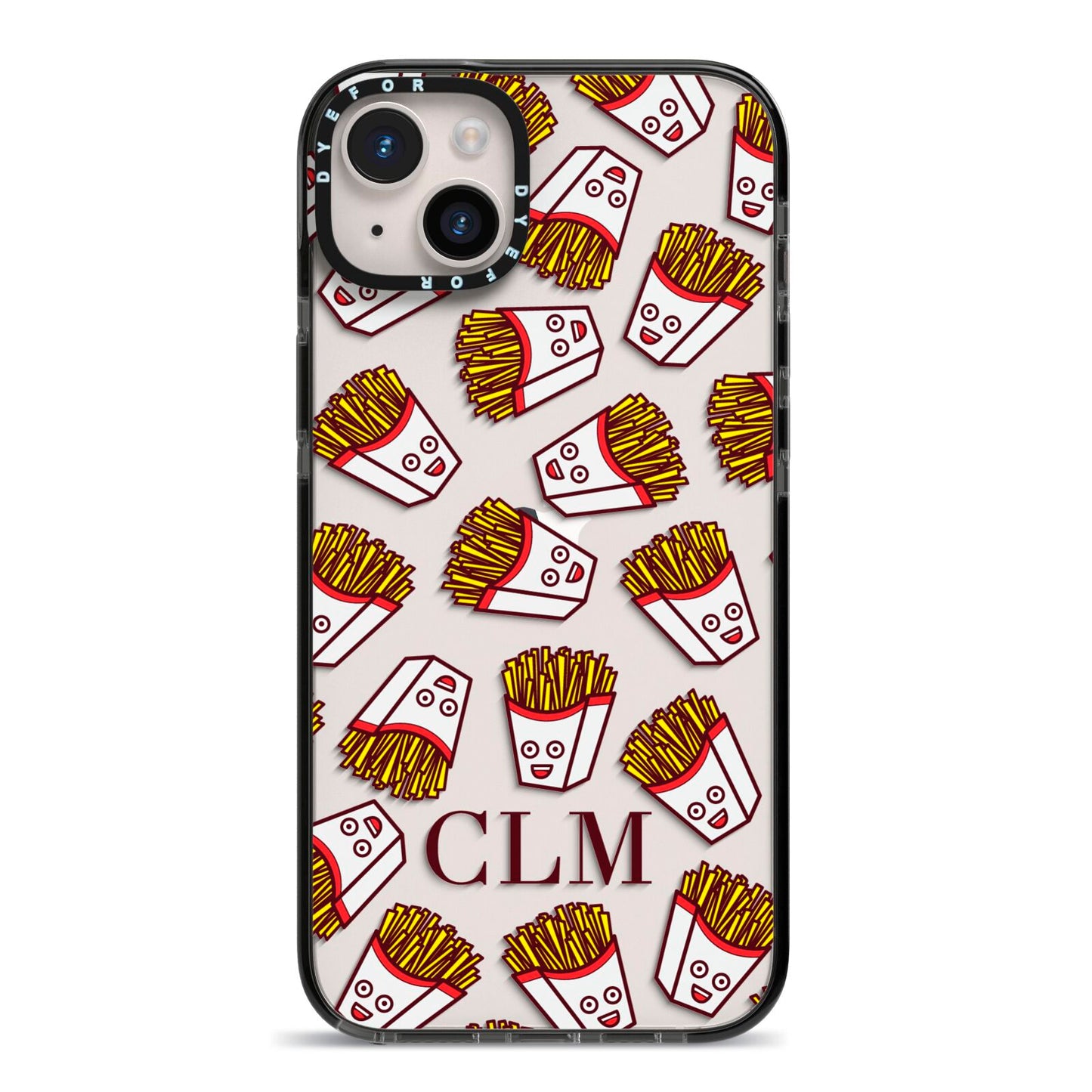 Personalised Fries Initials Clear iPhone 14 Plus Black Impact Case on Silver phone