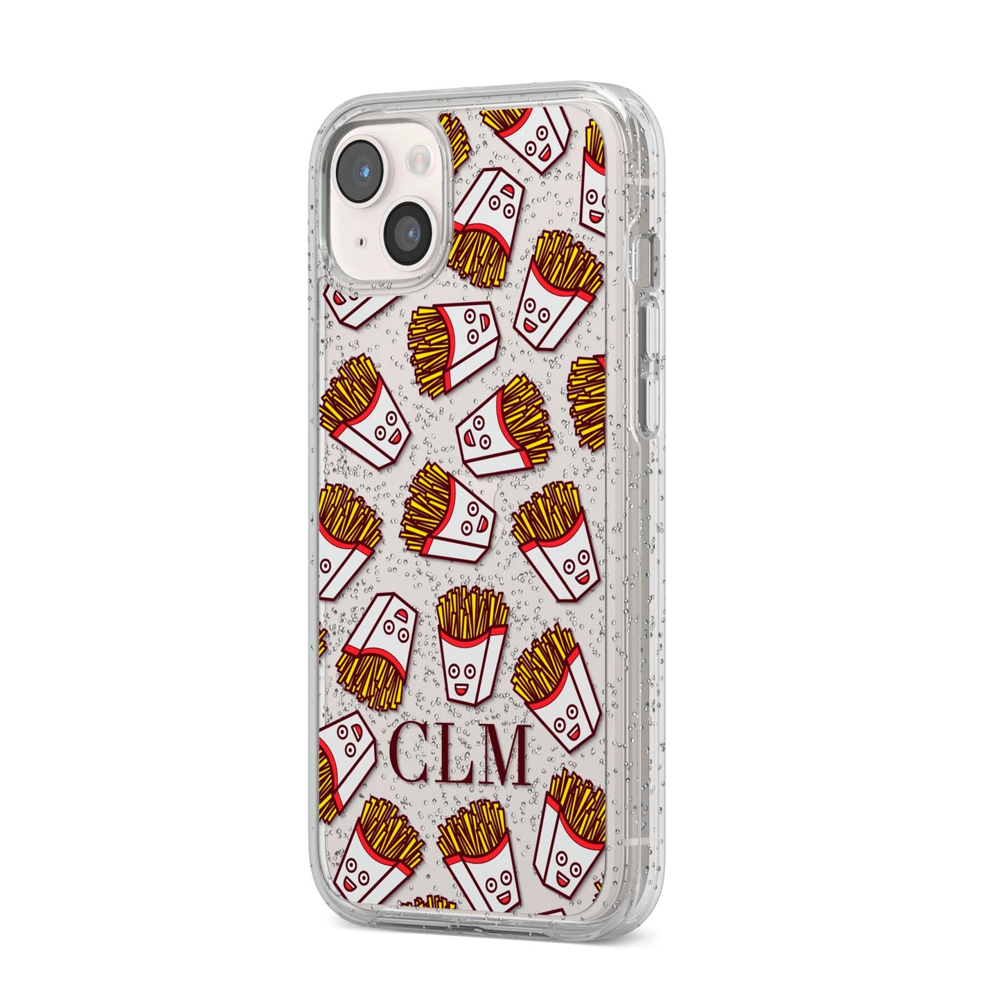 Personalised Fries Initials Clear iPhone 14 Plus Glitter Tough Case Starlight Angled Image
