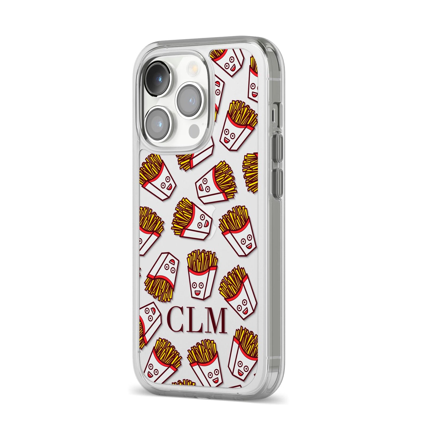 Personalised Fries Initials Clear iPhone 14 Pro Clear Tough Case Silver Angled Image